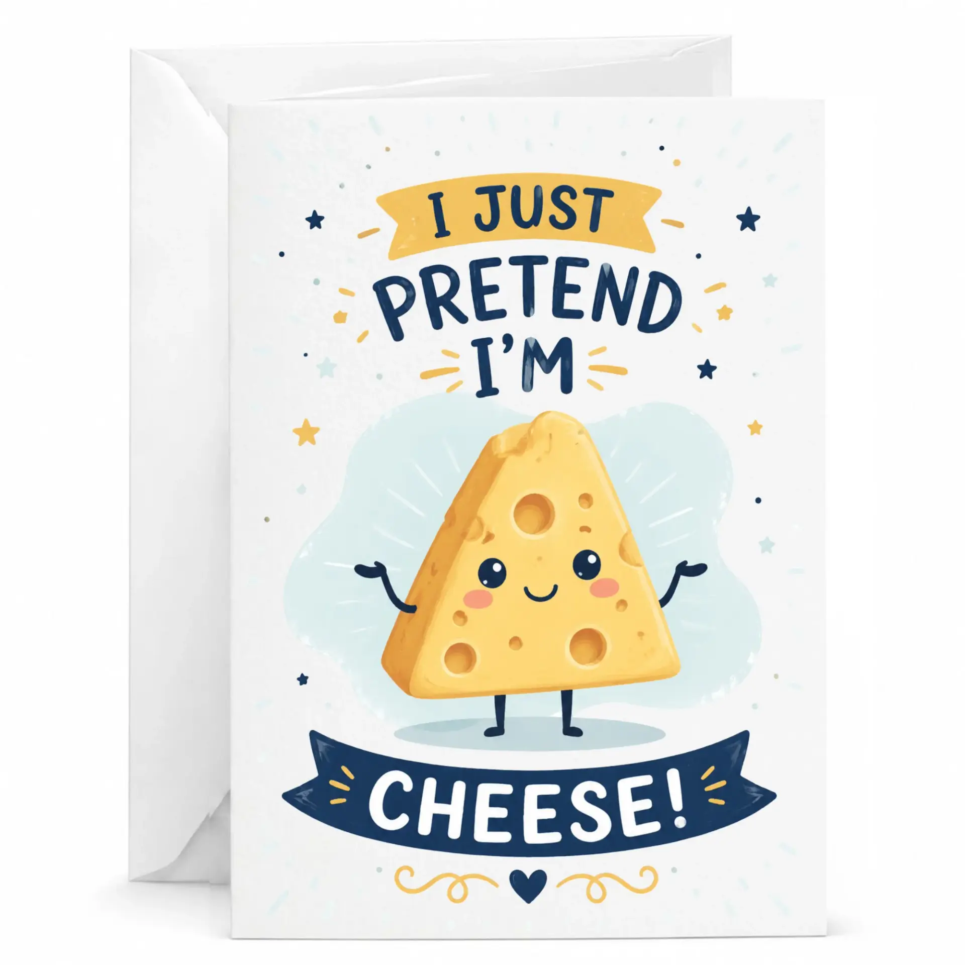 Funny Cheese Puns Greeting Card with Envelope Cute Food Illustration for Birthday or Encouragement 5x7 Inches