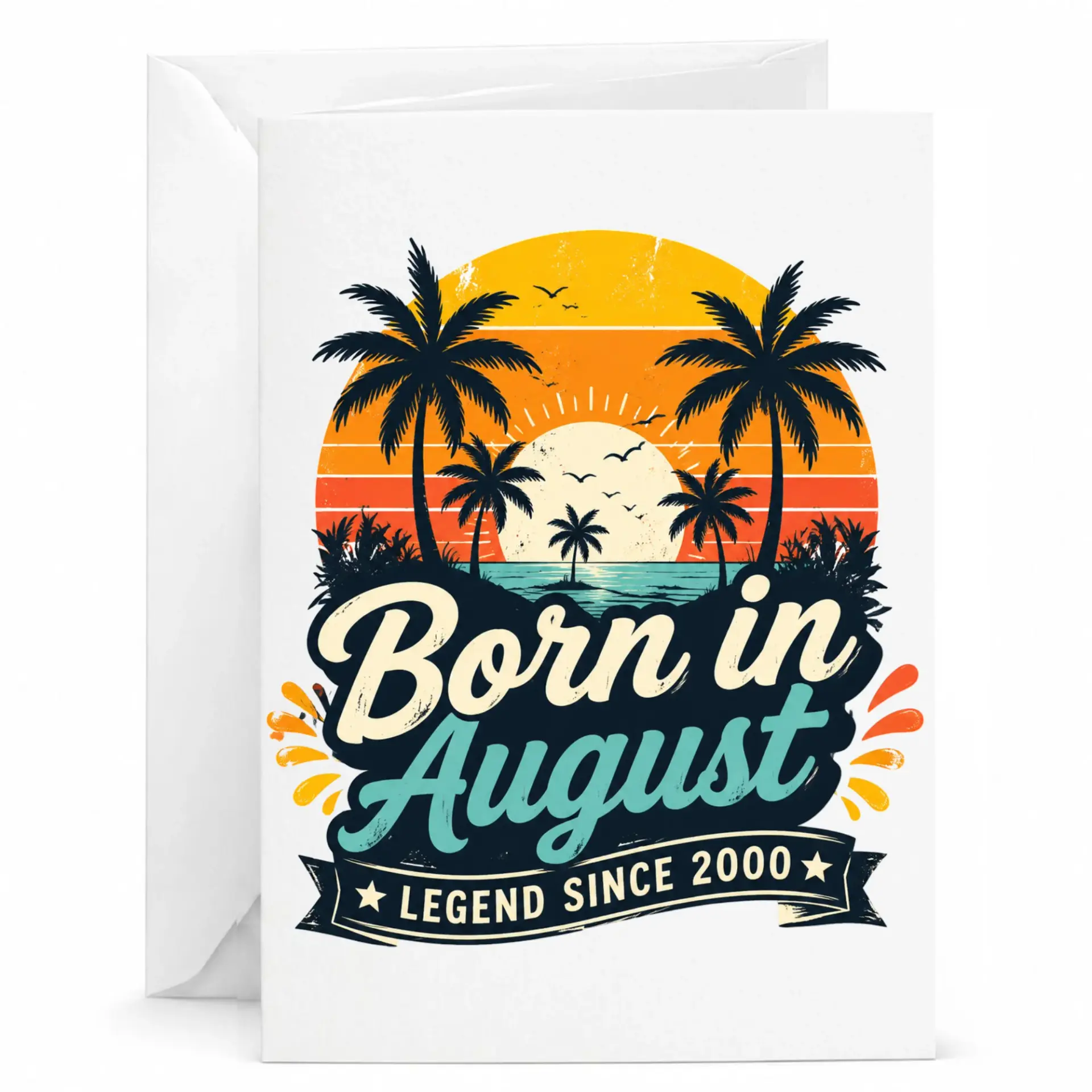 Birthday Card Born in August Legend Since 2000 Retro Tropical Beach Sunset Design Printed Greeting Card with Envelope