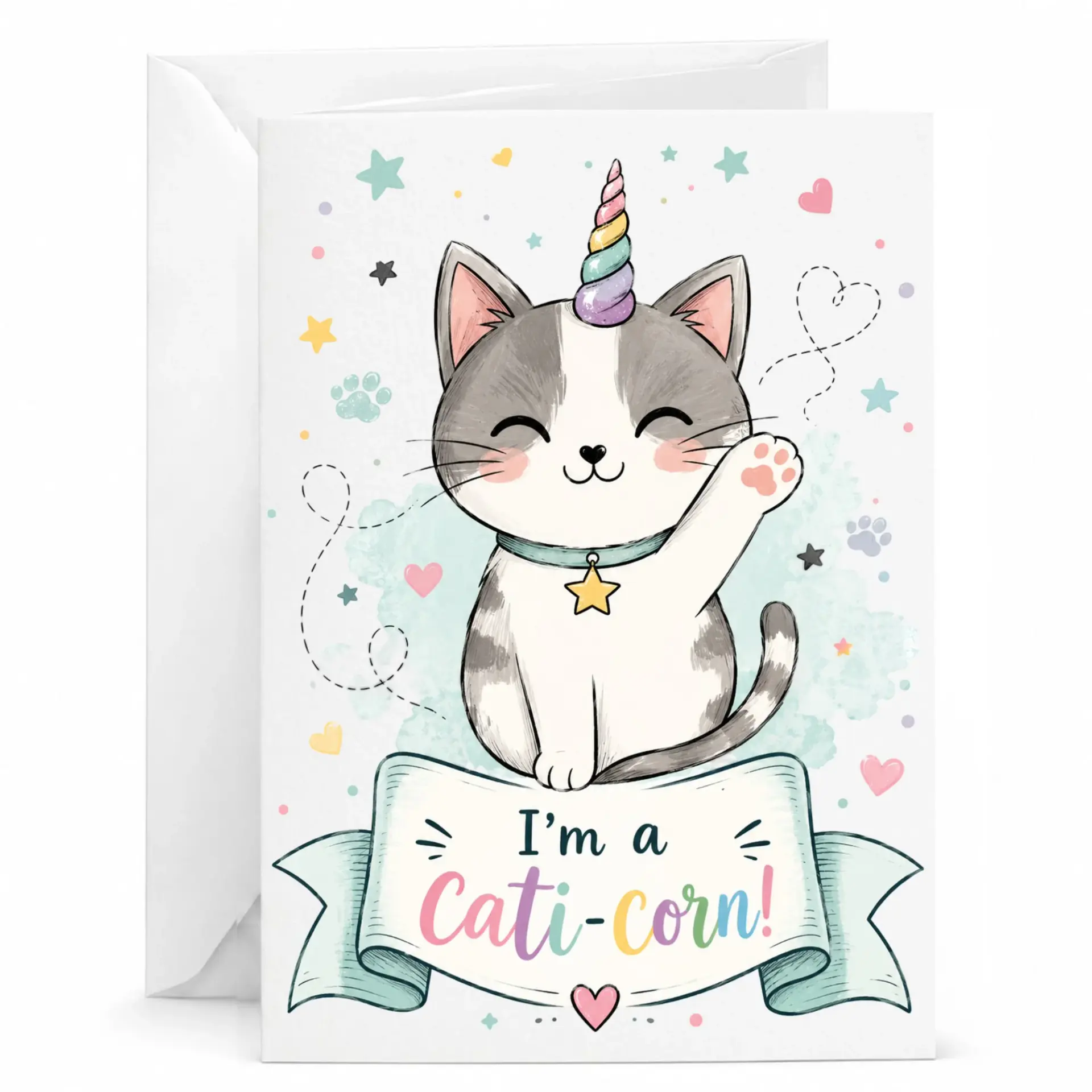 Funny Caticorn Greeting Card Whimsical Cat Illustration Design with Matching Envelope for Any
