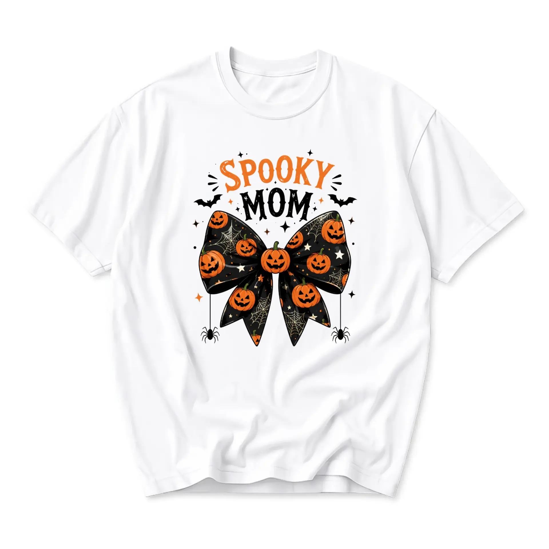 Funny Shirt Spooky Mom Graphic Tee Halloween Pumpkin Bow Design Unisex Crew Neck Casual Cotton Blend Summer Top
