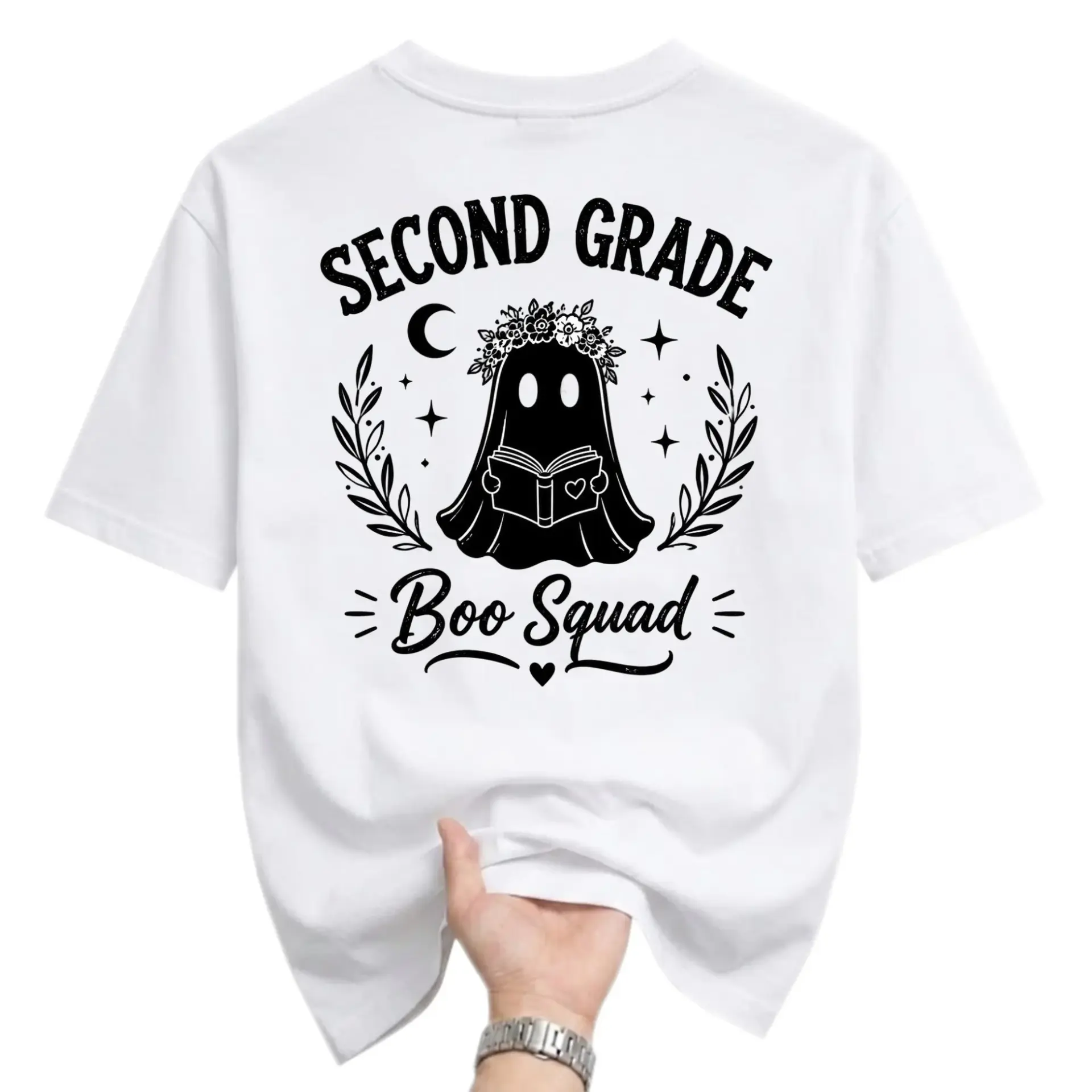 Graphic Tee Second Grade Boo Squad Unisex T-Shirt Reading Ghost Design Short Sleeve Everyday Casual Apparel White
