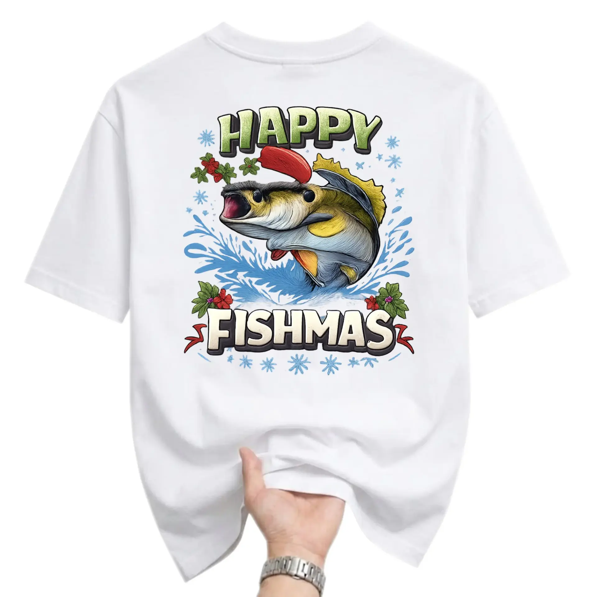 Funny Shirt Happy Fishmas Graphic Tee Retro Holiday Fishing Themed Unisex Crew Neck Short Sleeve Casual Cotton Top
