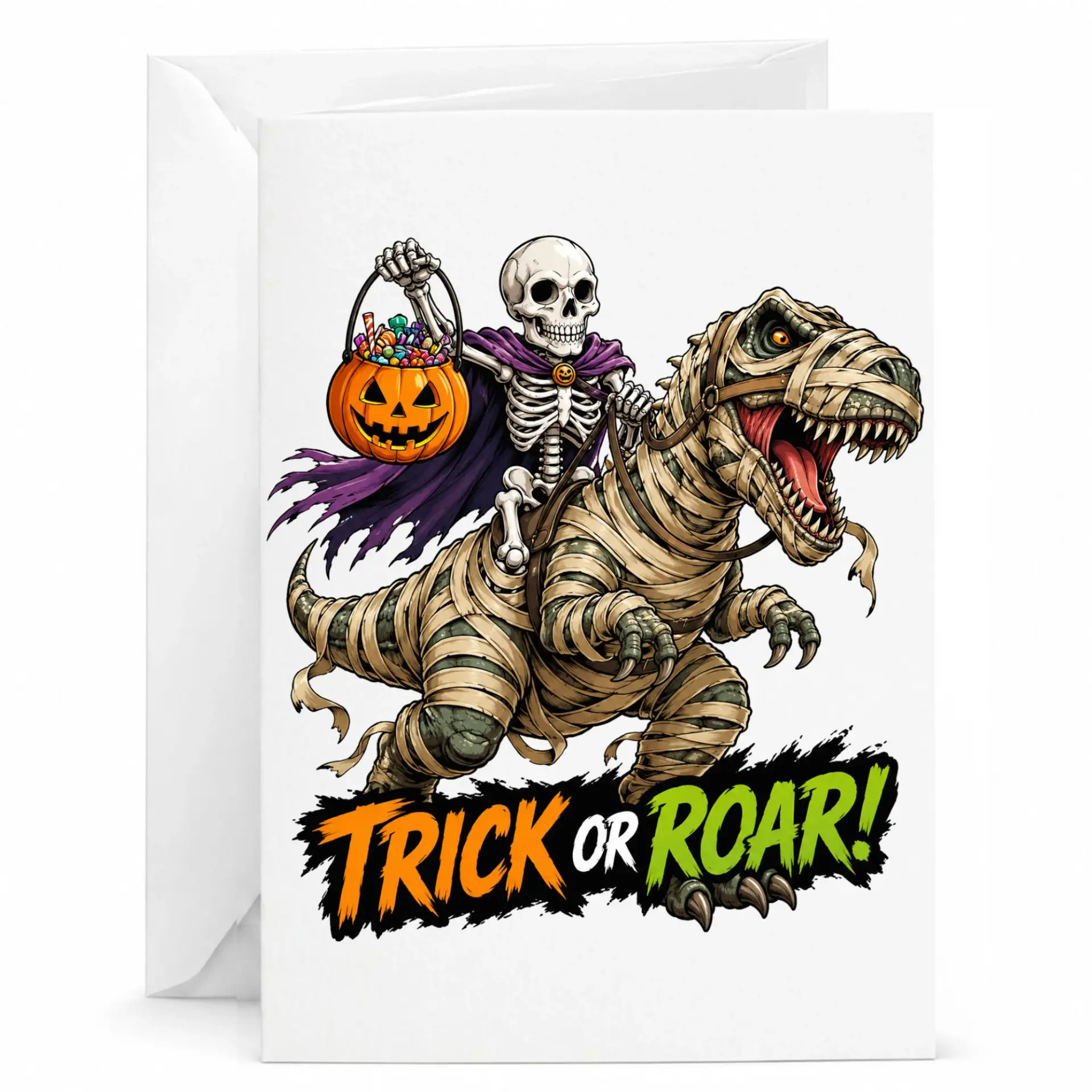 Funny or Roar Halloween Greeting Card Skeleton Riding Mummy Dinosaur Artwork for Fall Holiday Notes