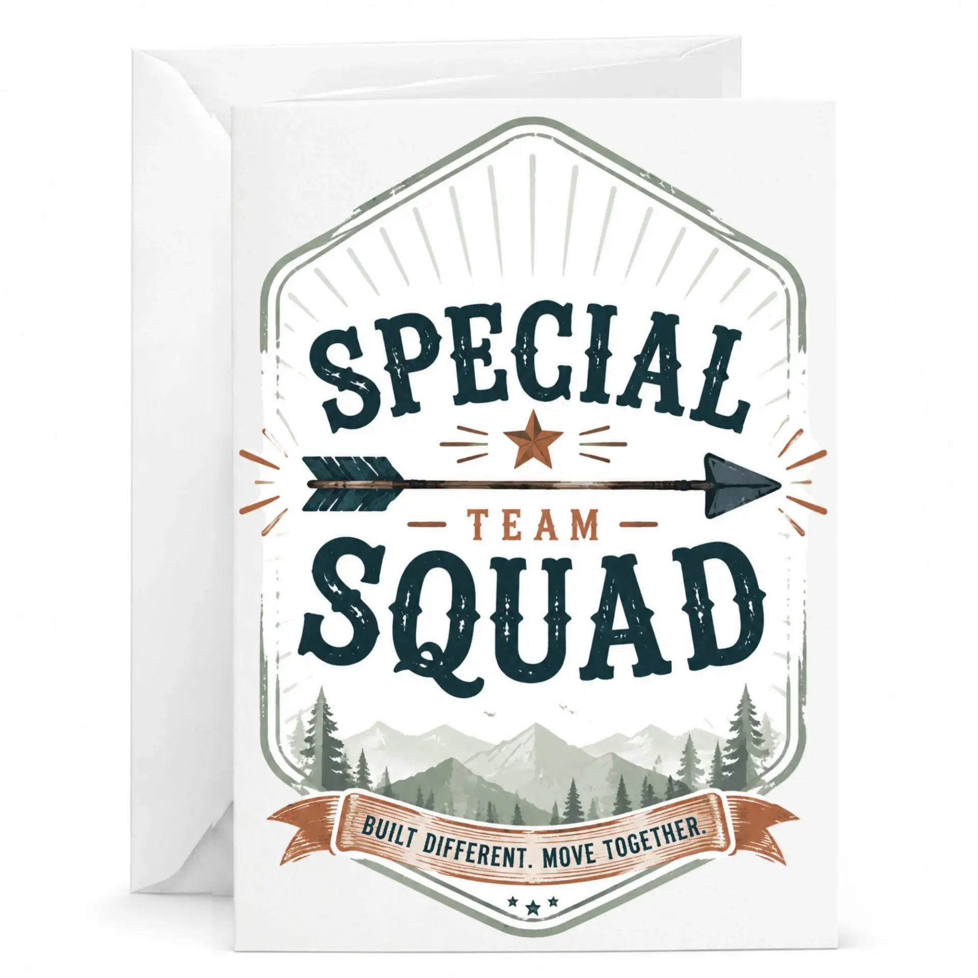 Greeting Card Special Team Squad Design Featuring Mountain Forest Artwork for Appreciation and