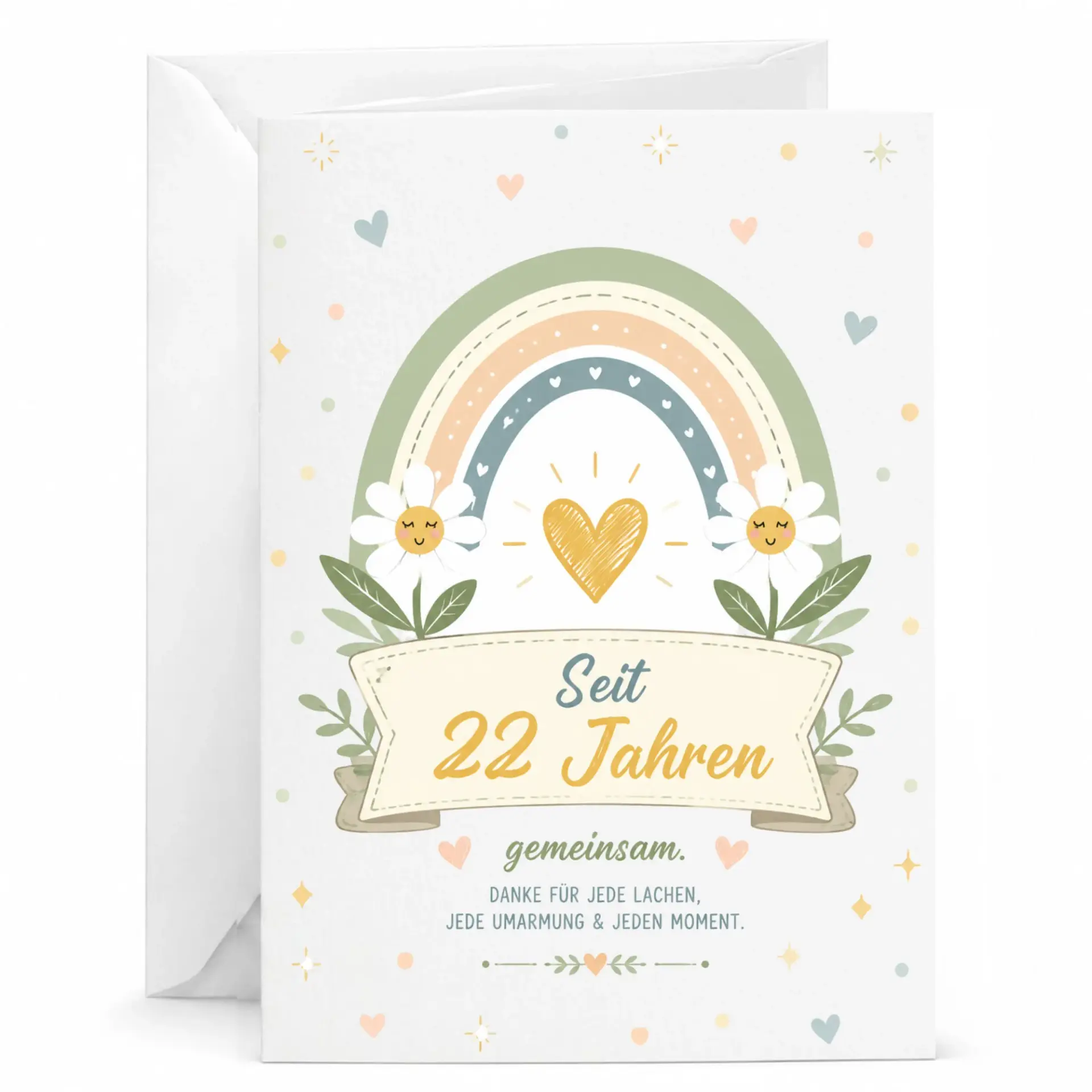 Greeting Card for 22nd Anniversary with Cute Rainbow and Daisy Illustration, Blank Folded Stationery for Special Milestone
