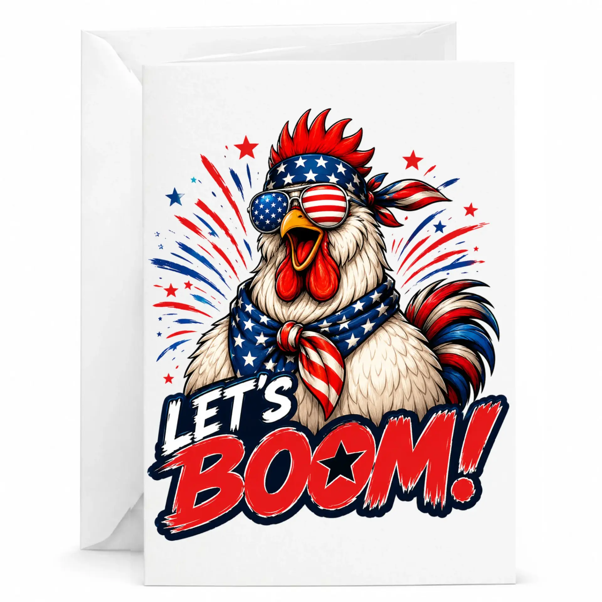 Funny Patriotic Chicken Greeting Card Let's Boom Design with American Flag Theme for Celebrations and Independence Day