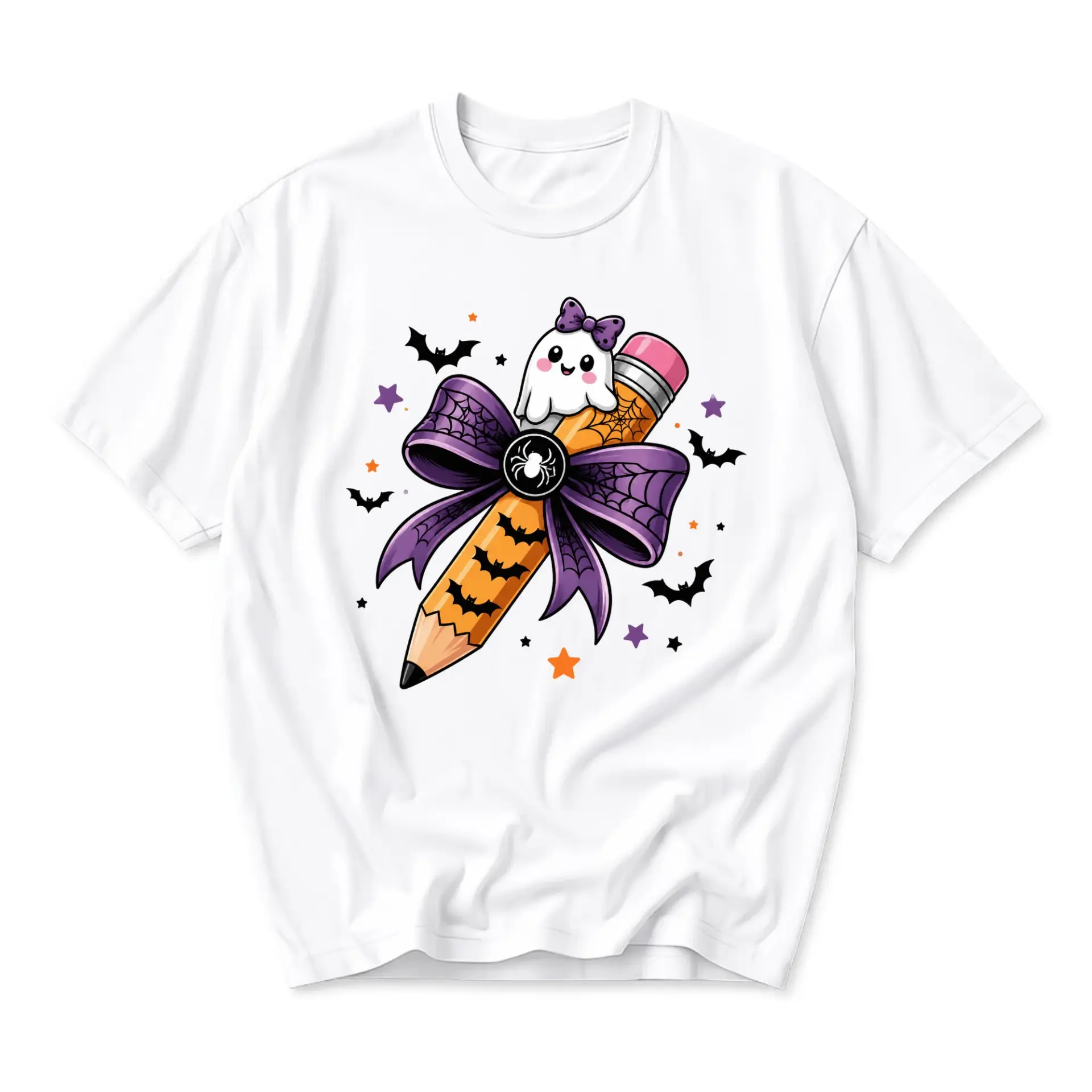 Graphic Tee Unisex Halloween Pencil and Ghost Shirt for Casual Wear Seasonal Apparel with Spooky Seasonal Design