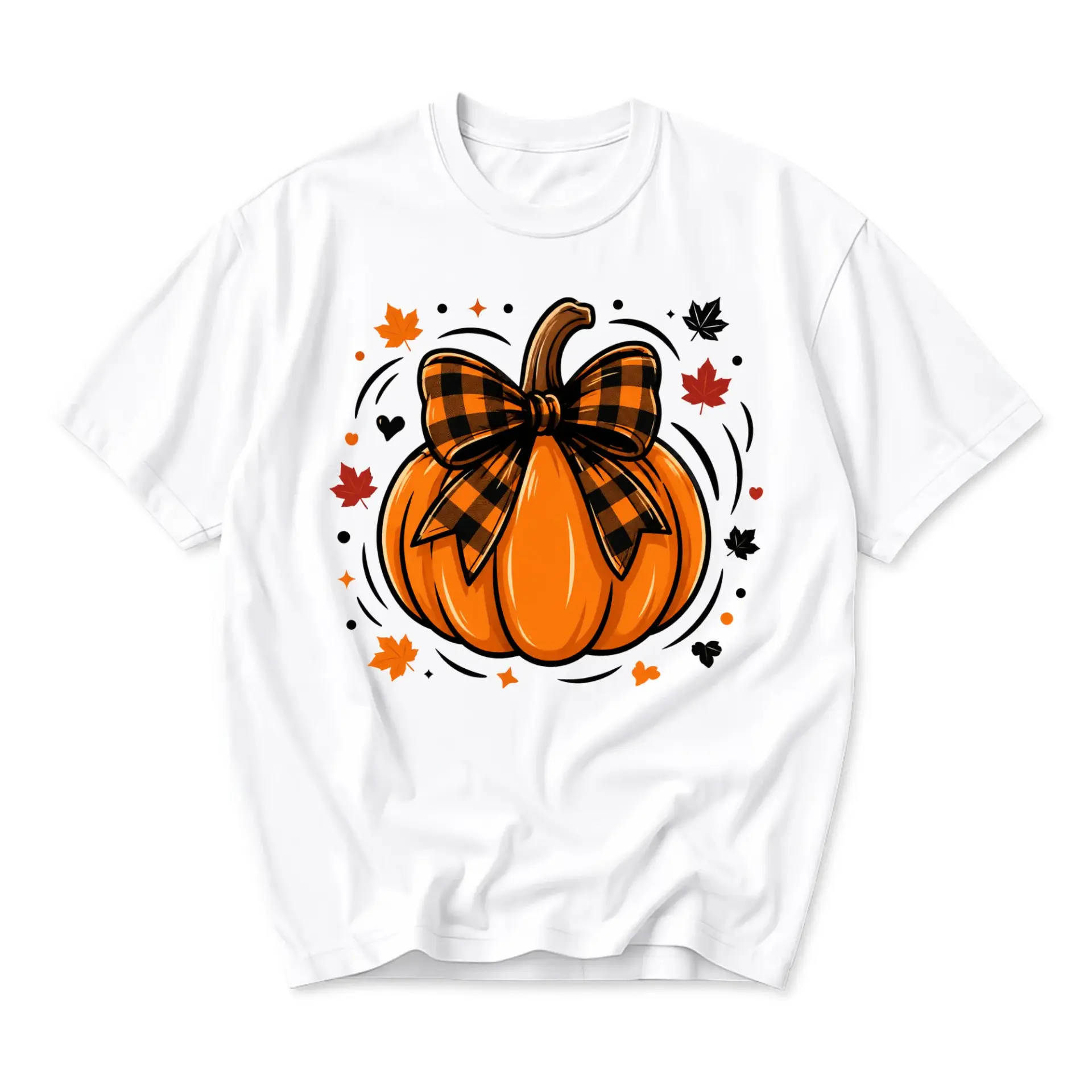 Graphic Tee Pumpkin with Plaid Bow Print Autumn Fall Season Unisex Casual Crew Neck Comfortable Cotton Shirt