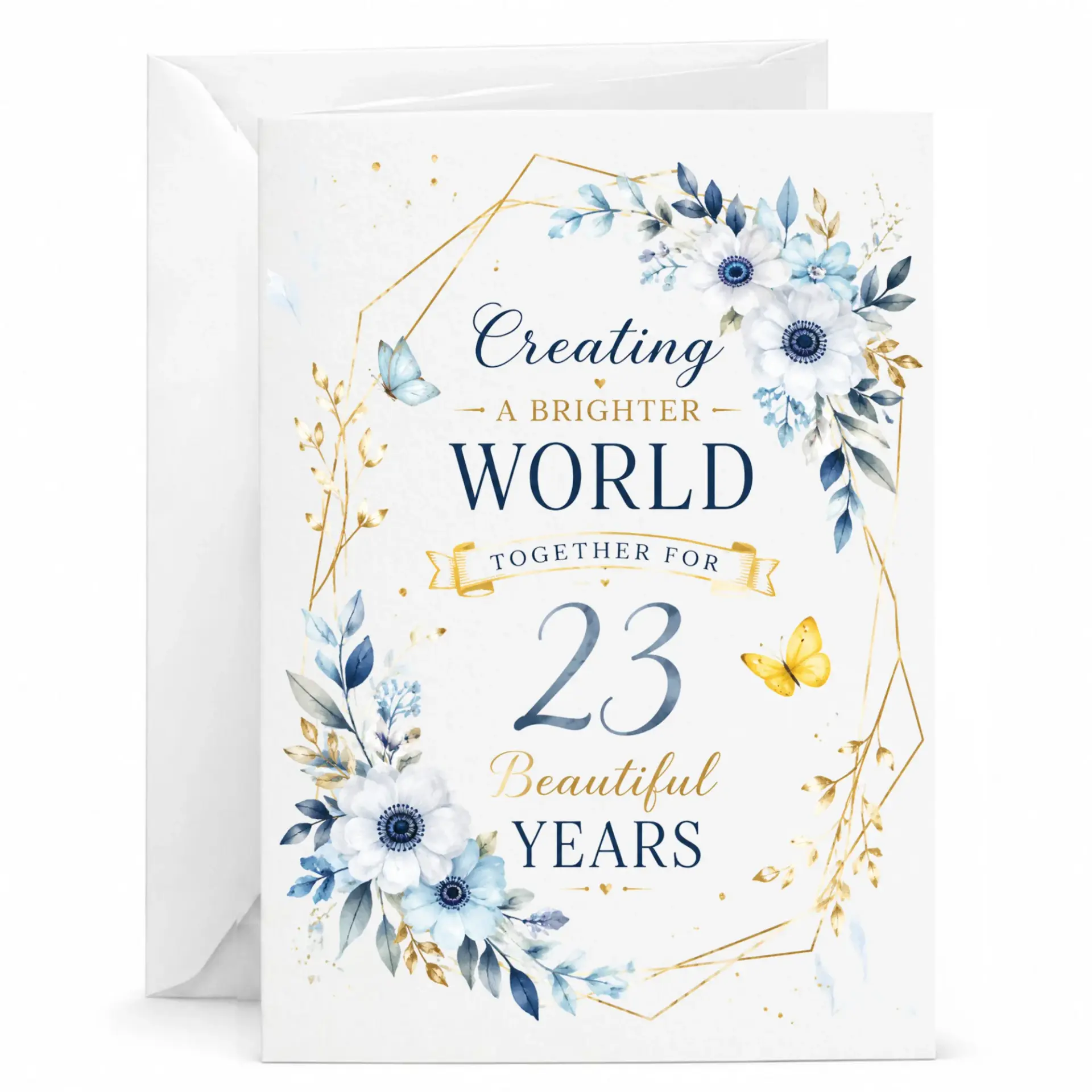 Greeting Card 23rd Anniversary Creating a Brighter World Together Elegant Blue Floral Design for Milestone Celebration