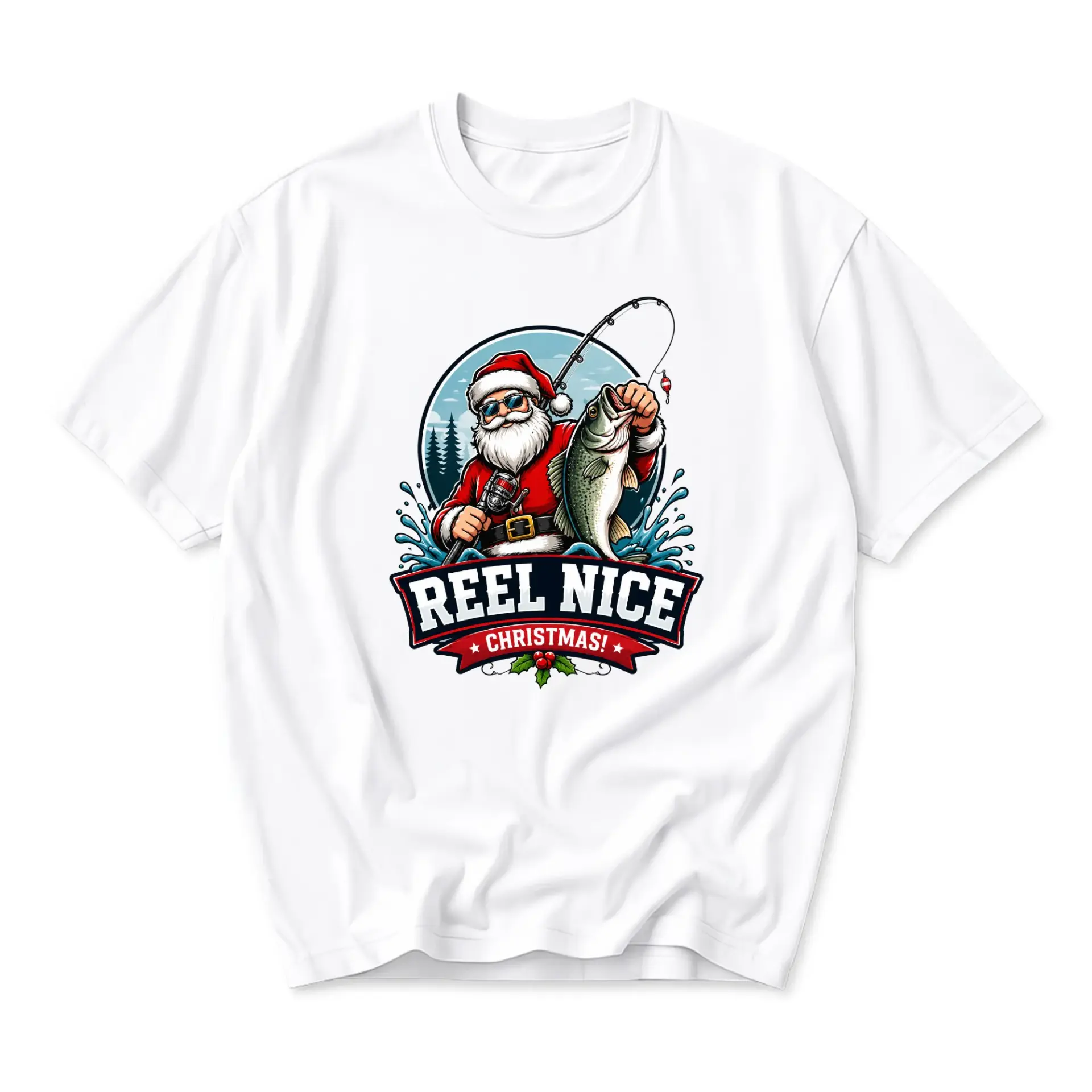 Funny Shirt Reel Nice Christmas Fishing Santa Graphic Tee Unisex Casual
