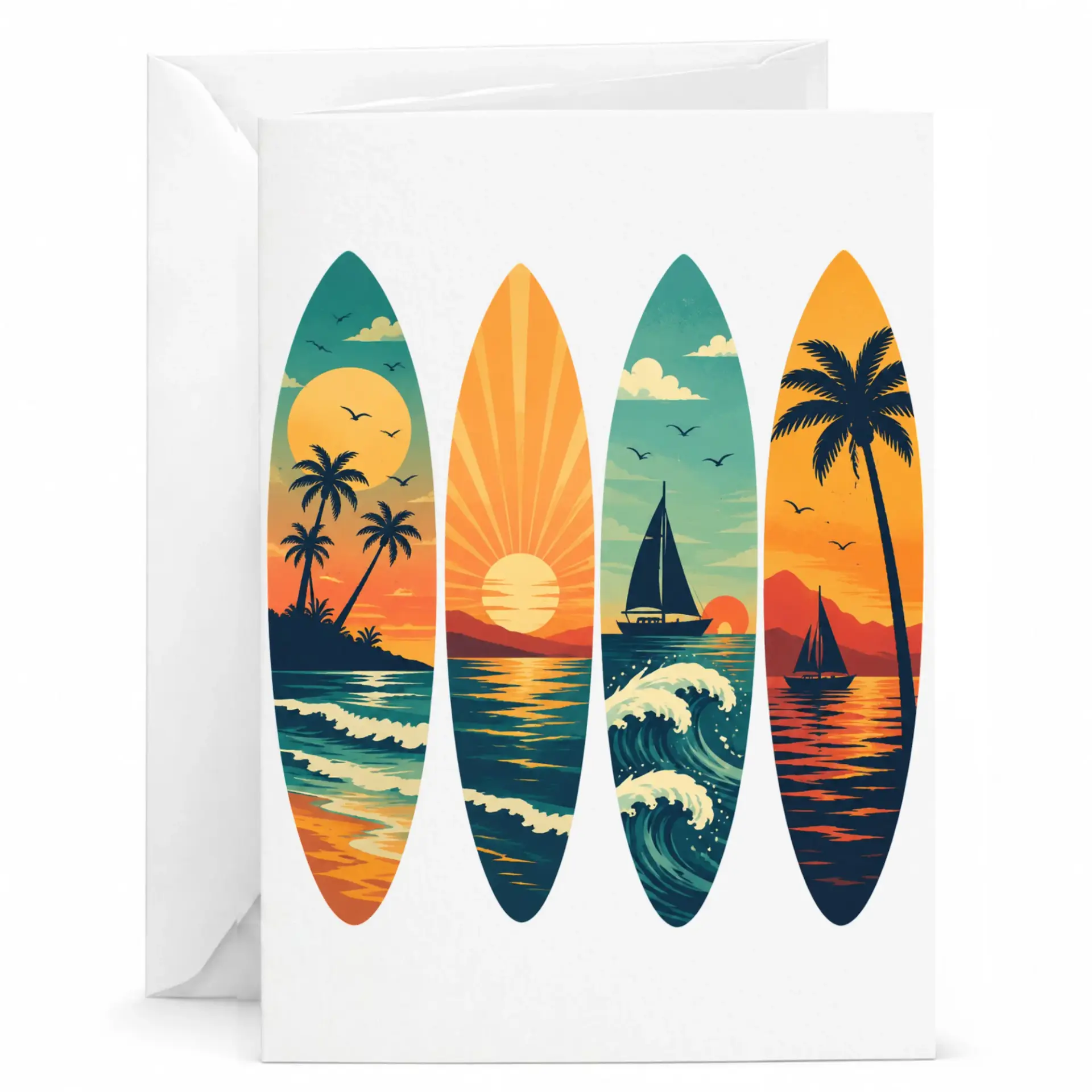 Greeting Card Tropical Surfboard Sunset Art Print Coastal Beach Theme Note Card for Sending Warm Wishes and Greetings