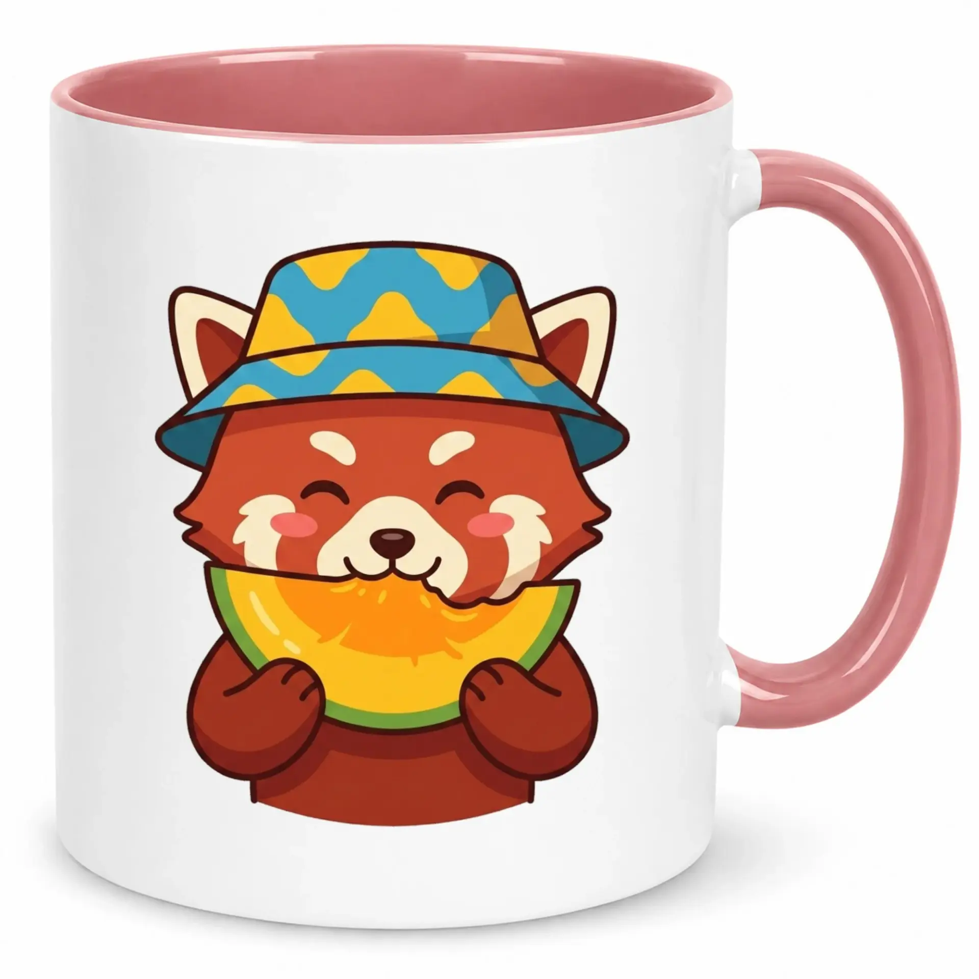 Cute Red Panda Eating Melon Ceramic Coffee Mug with Summer Hat Design, 11oz 15oz White Glossy Finish Beverage Cup for Home Office