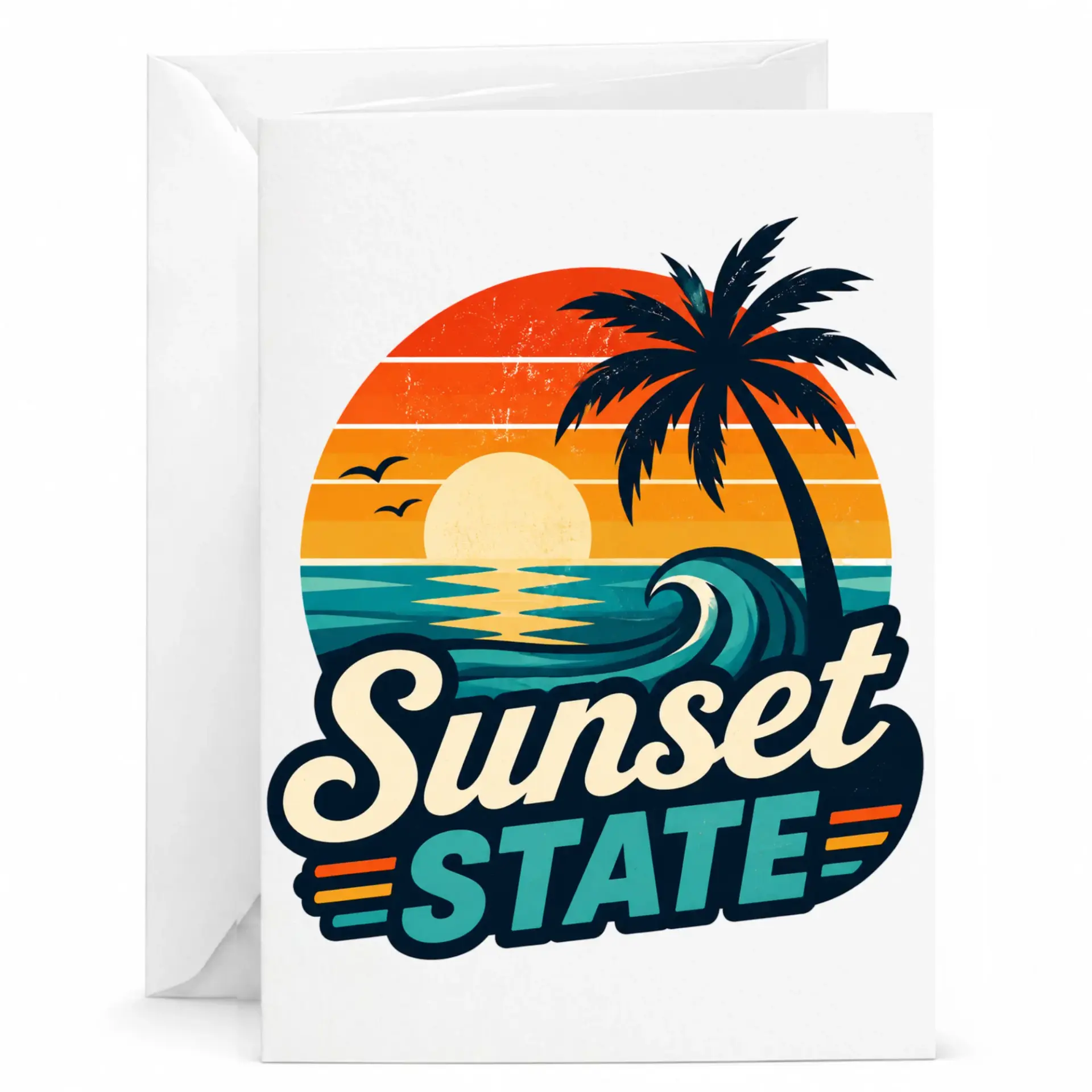 Greeting Card Sunset State Vintage Tropical Beach Design Coastal Style Stationery for Various Occasions 5x7 Inches
