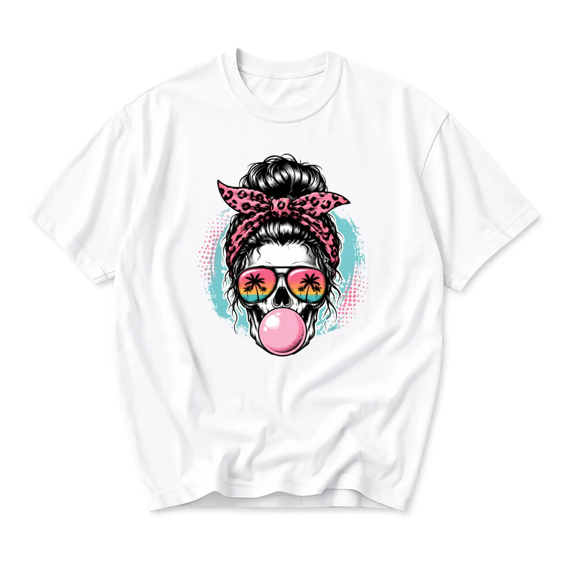 Graphic Tee Unisex Crew Neck T-Shirt Featuring a Stylish Skull with Sunglasses and Pink Bubble Gum Design
