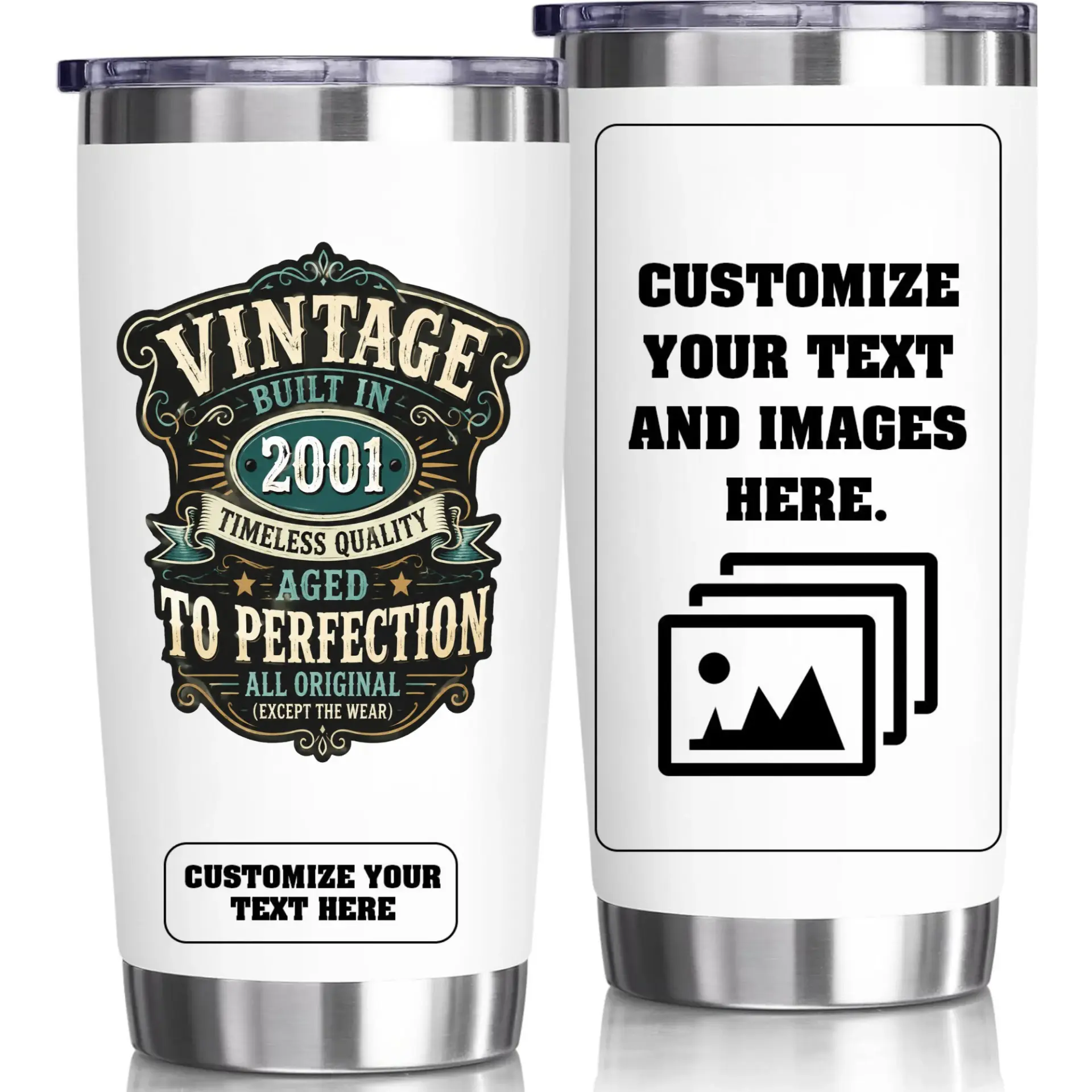 Stainless Steel Tumbler 20oz Custom Birthday Gift for Men Women Vintage Born in 2001 Aged to Perfection Travel Mug