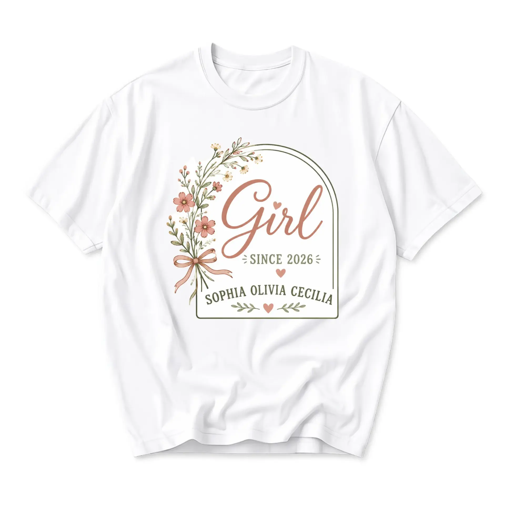 Graphic Tee Personalized Floral Design Girl Since 2026 Sophia Olivia Cecilia Unisex Cotton Crew Neck Casual Shirt