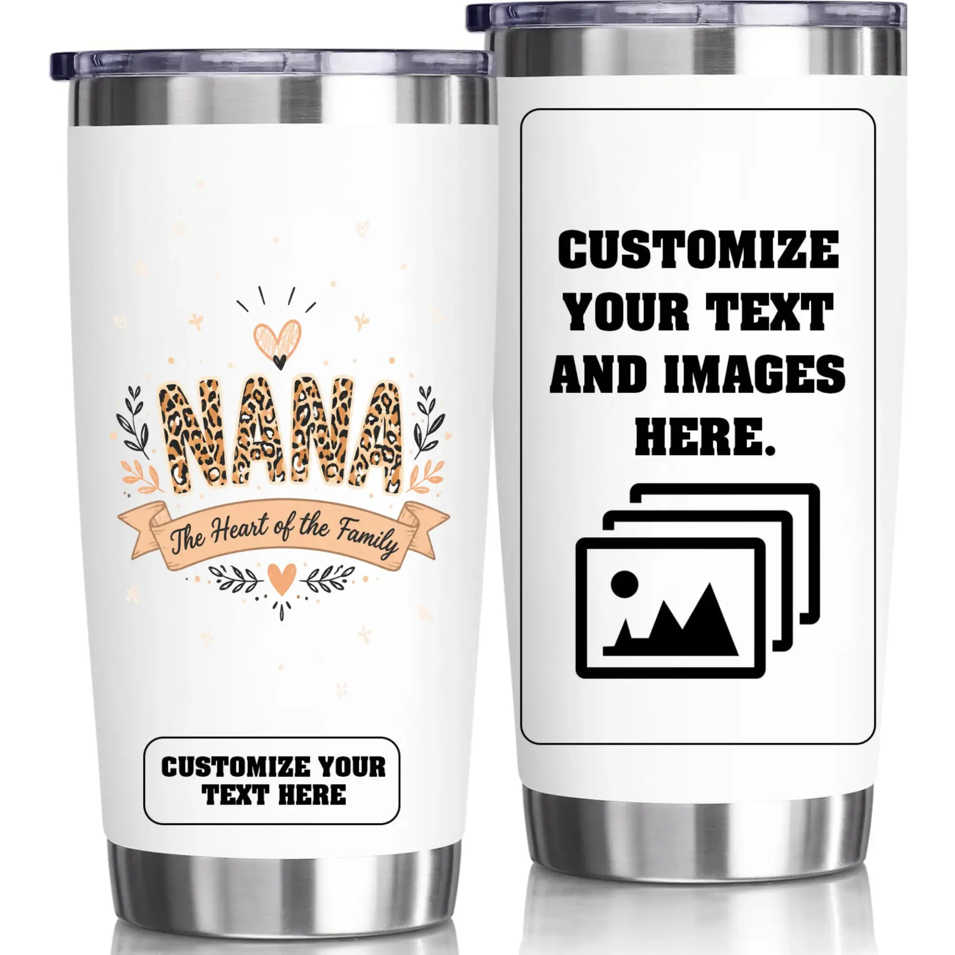 Stainless Steel Tumbler Nana Heart of the Family Design Insulated Travel Mug for Personalized Custom Drinkware Gift