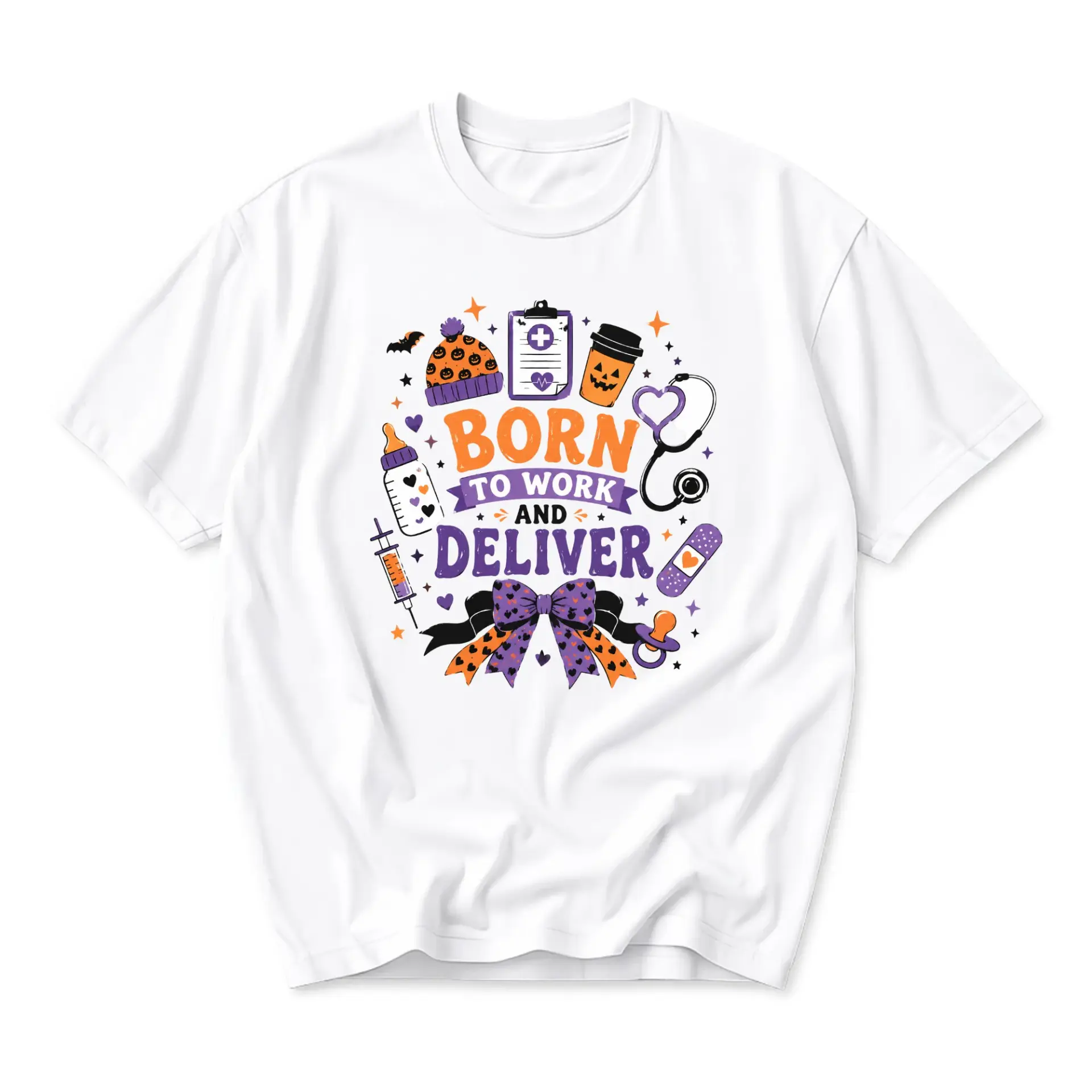 Graphic Tee Born to Work and Deliver Funny Shirt for Medical Professionals in a Festive Autumn Holiday Style Design