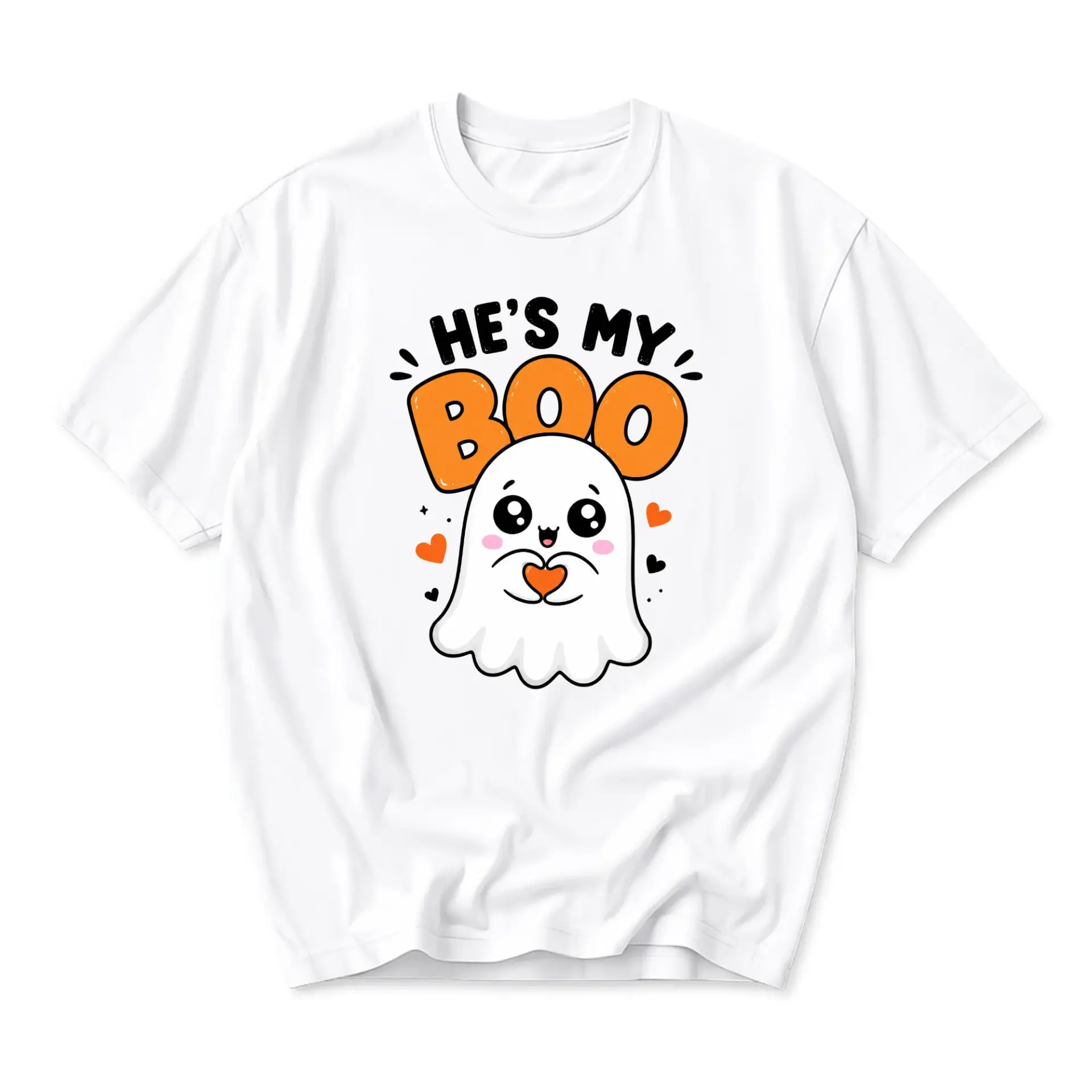 Funny Shirt He's My Boo Ghost Graphic Tee Cute Halloween Couples Matching Apparel Unisex Cotton Crew Neck Top