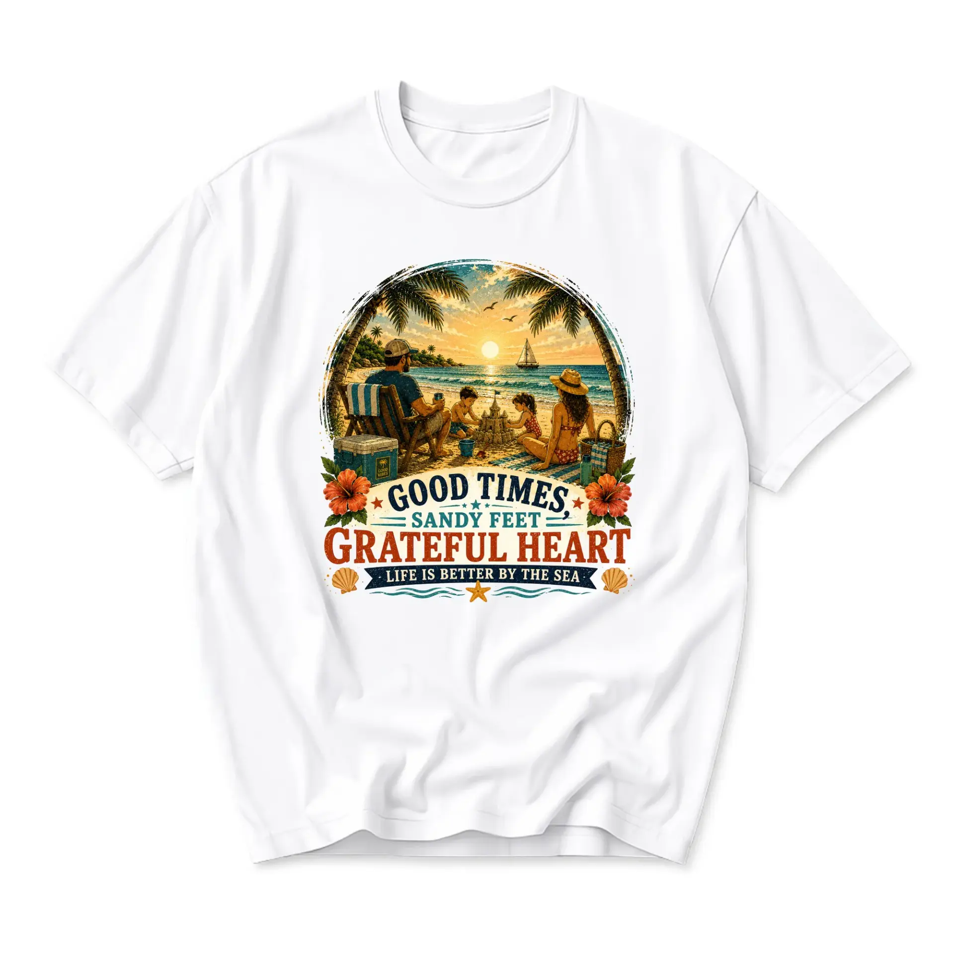 Graphic Tee Good Times Sandy Feet Grateful Heart Unisex Short Sleeve Crew Neck Summer Beach Themed Casual Shirt