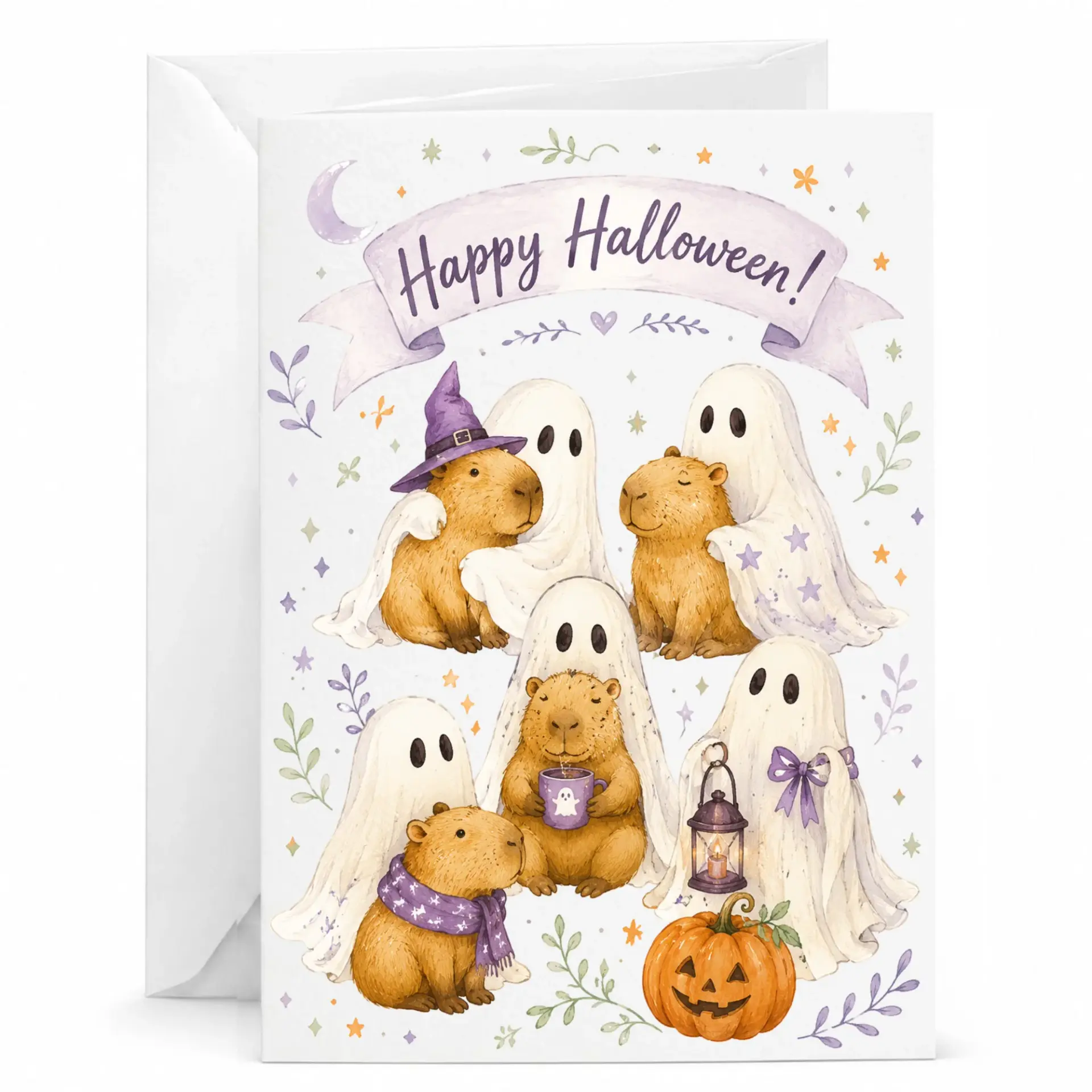 Happy Halloween Greeting Card Featuring Cute Capybaras Dressed as for Fall Seasonal and Holiday Wishes