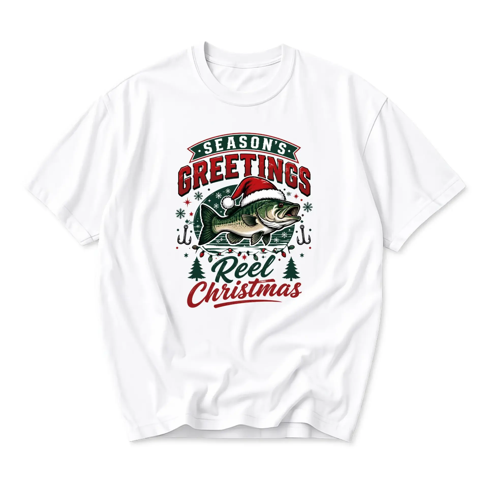 Funny Shirt Season Greetings Reel Christmas Fishing Graphic Tee Unisex Casual Crew Neck Holiday Short Sleeve Top