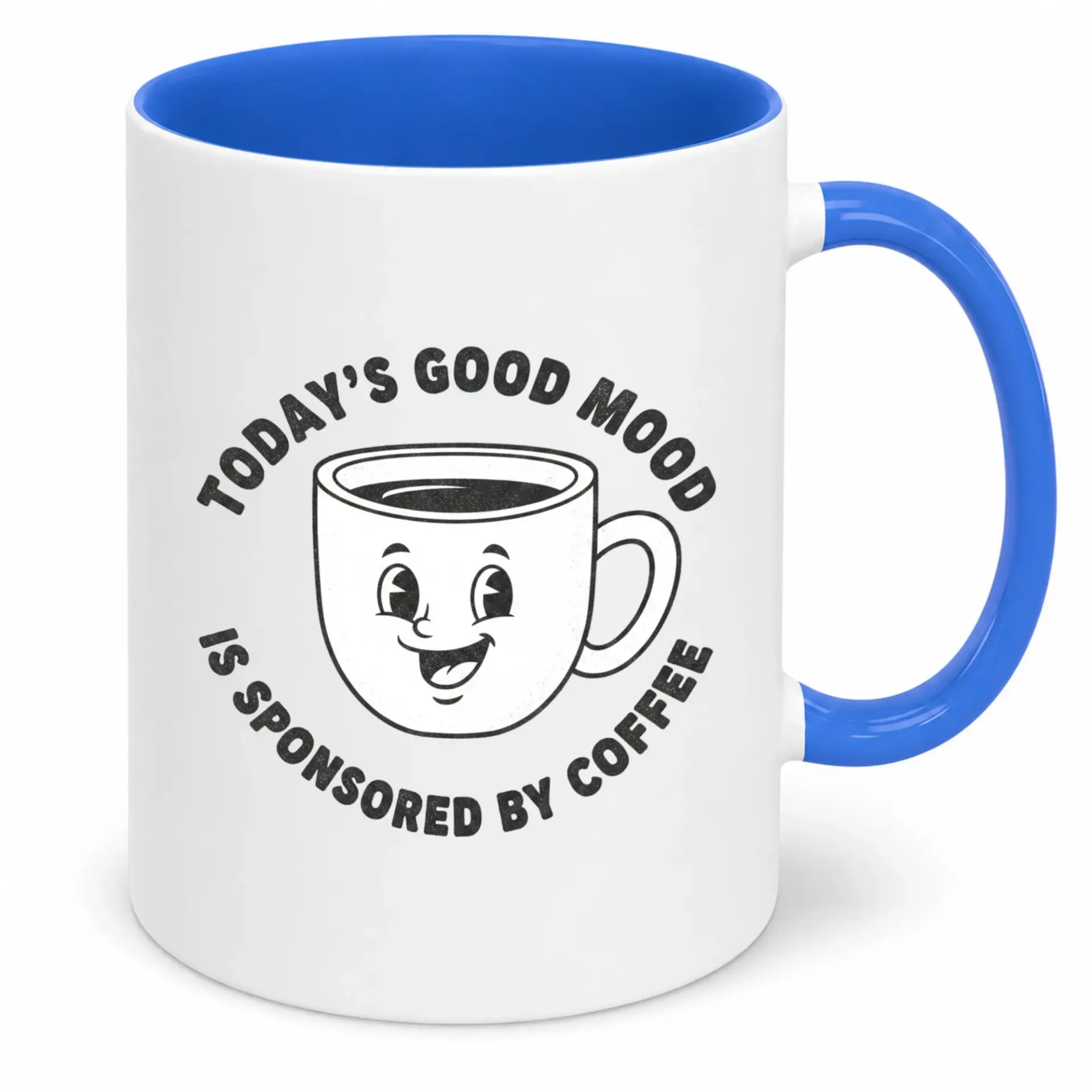 Funny Ceramic Coffee Mug with Saying, 'today's Good Mood Is Sponsored by Coffee' Drinkware, 11 Oz or 15 Oz White Cup with Blue Handle