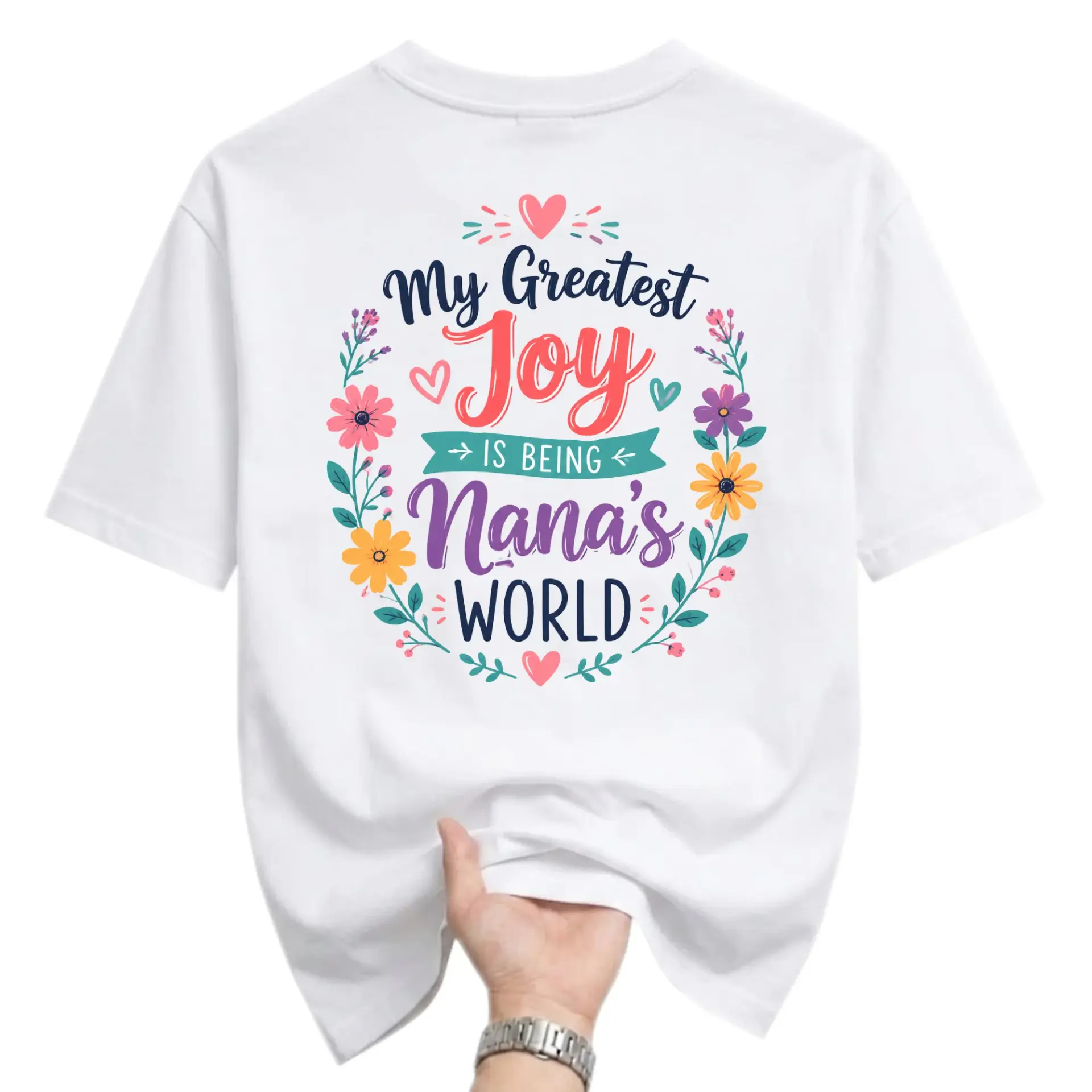 Graphic Tee My Greatest Joy Is Being Nana World Floral Heart Print Unisex Crew Neck Casual Everyday Short Sleeve Shirt