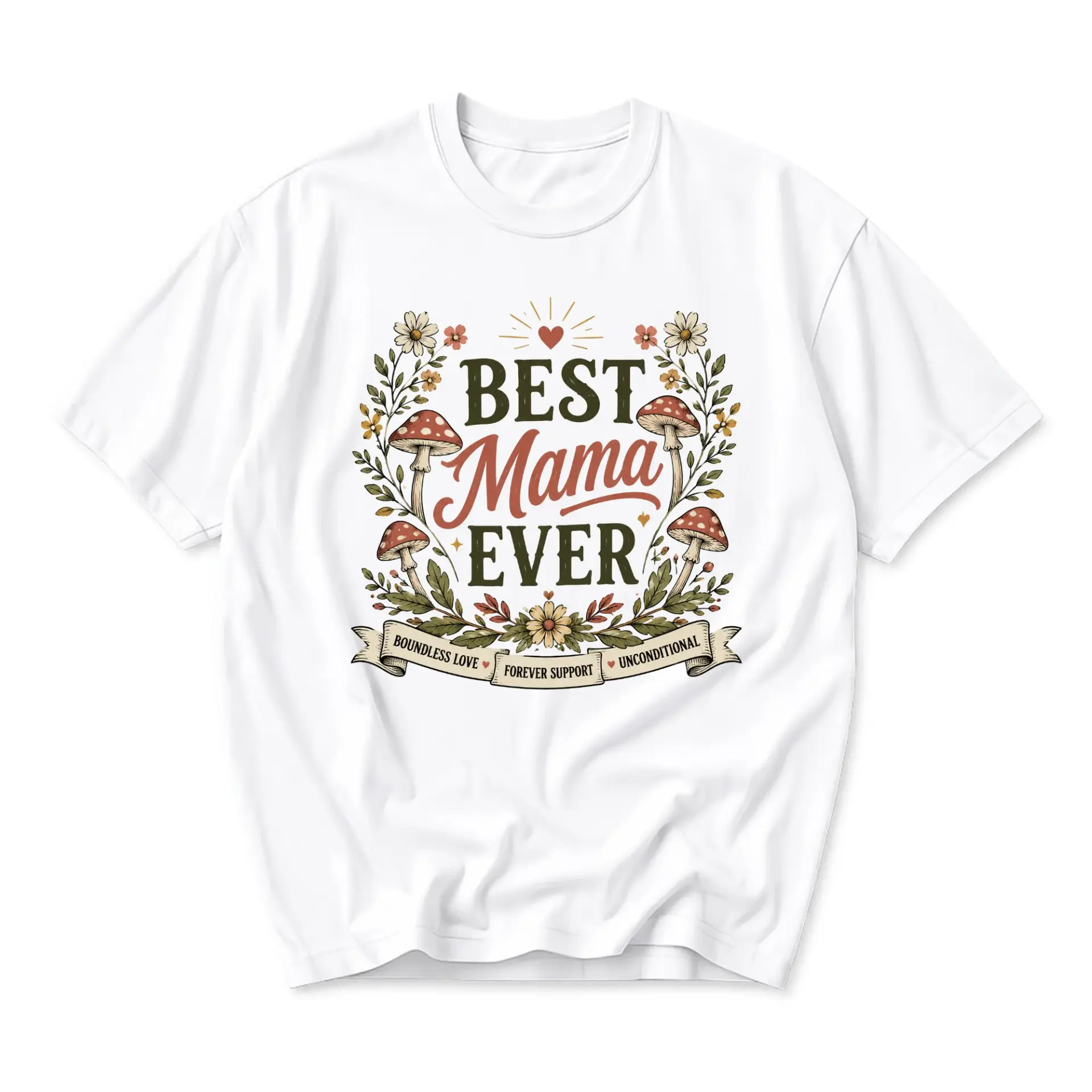 T-shirt Best Mama Ever Graphic Tee Floral Mushroom Botanical Print Unisex Casual Crew Neck Comfortable Cotton Shirt