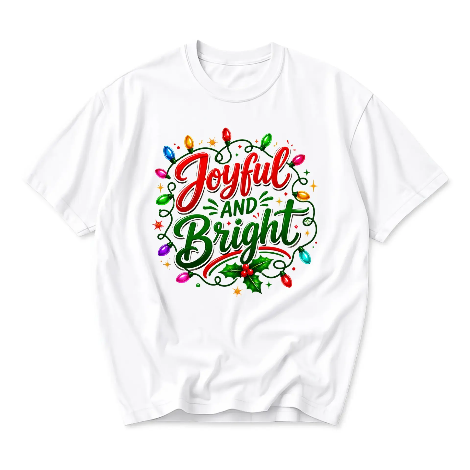 Funny Shirt Joyful and Bright Holiday Graphic Tee Unisex Casual Crew Neck Soft Cotton Blend Apparel Christmas Gift