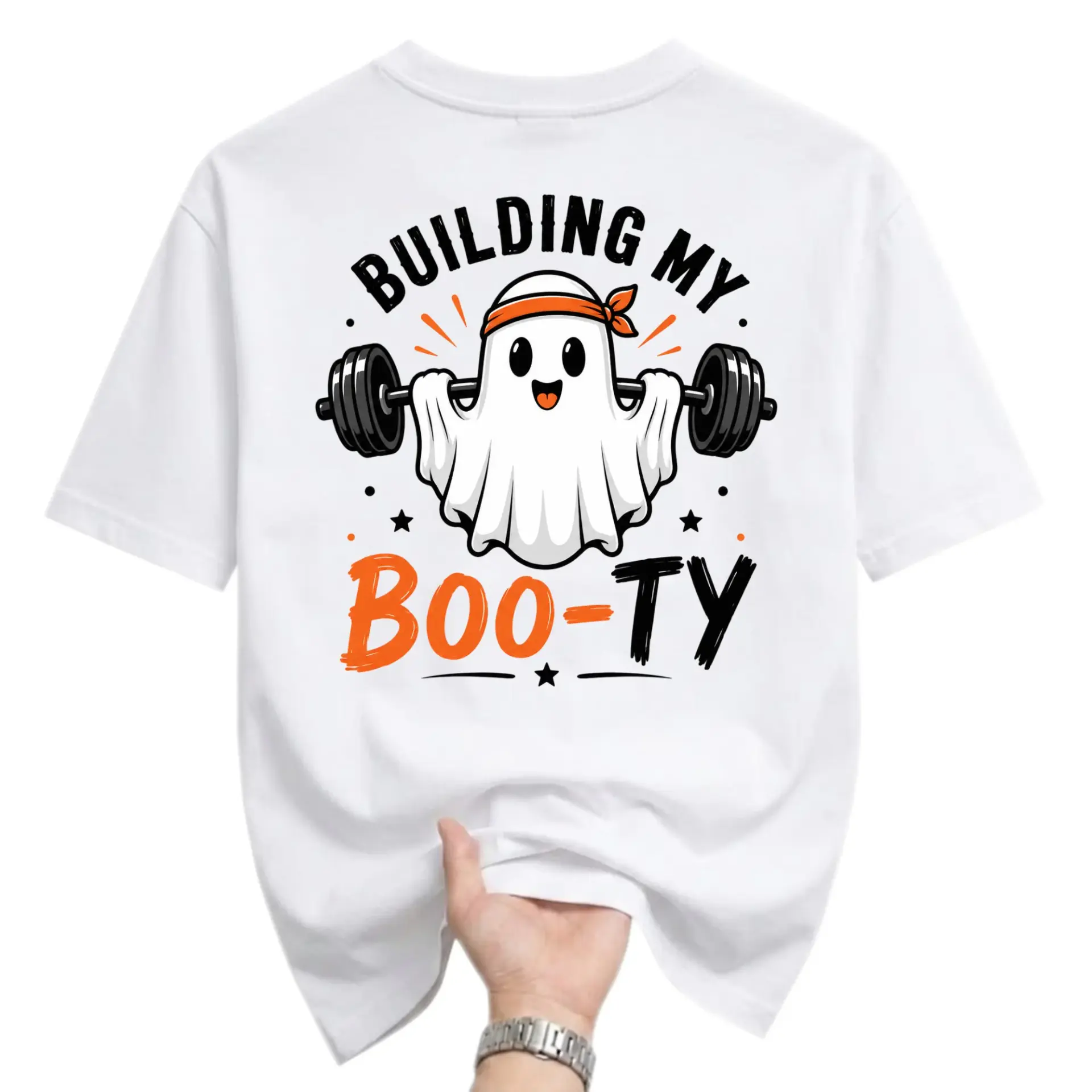 Funny Shirt Graphic Tee Building My Boo-Ty Ghost Workout Weightlifting Novelty Unisex Crew Neck Casual Cotton Top