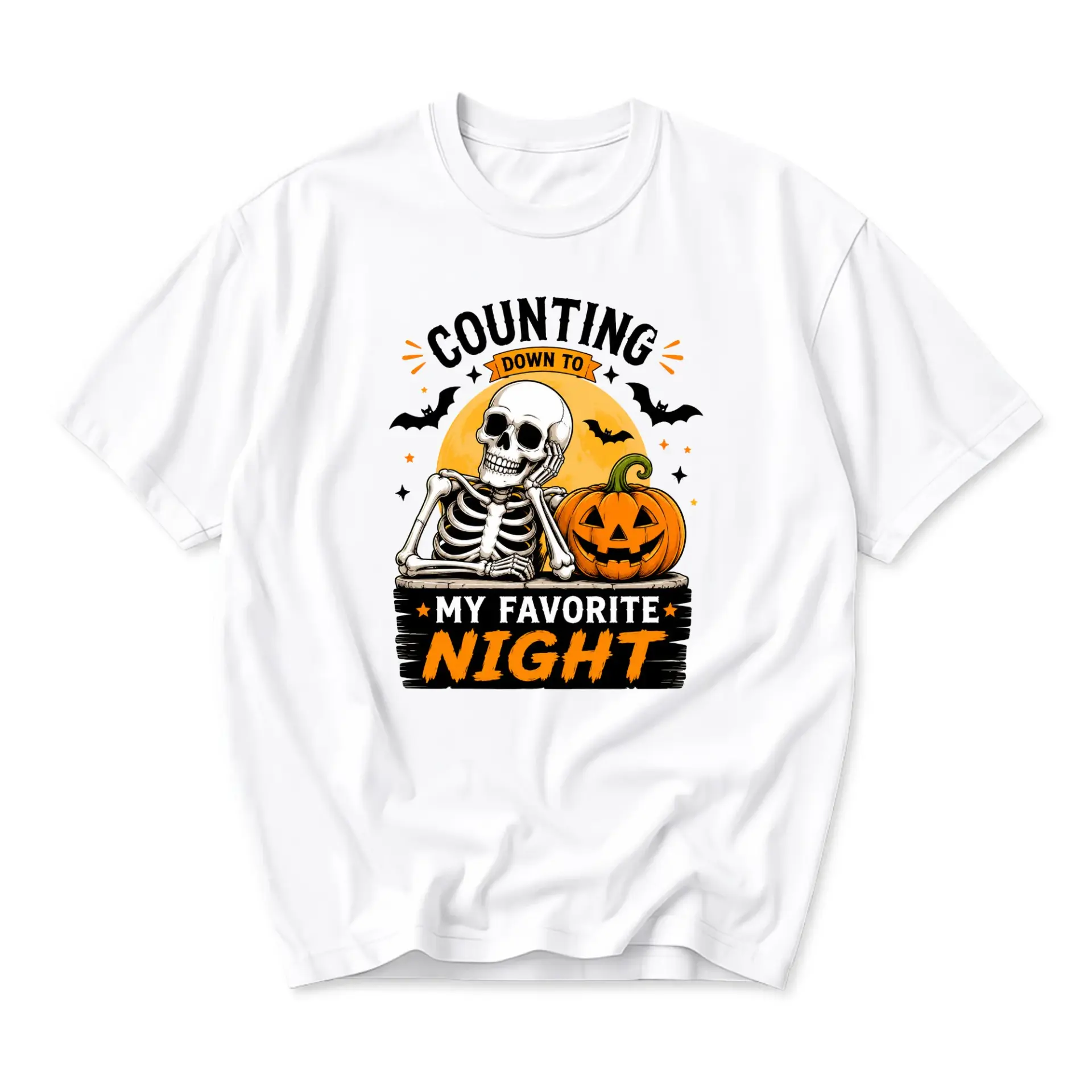 Funny Shirt Counting Down to My Favorite Night Skeleton Pumpkin Halloween Graphic Tee Unisex Casual Crew Neck Top