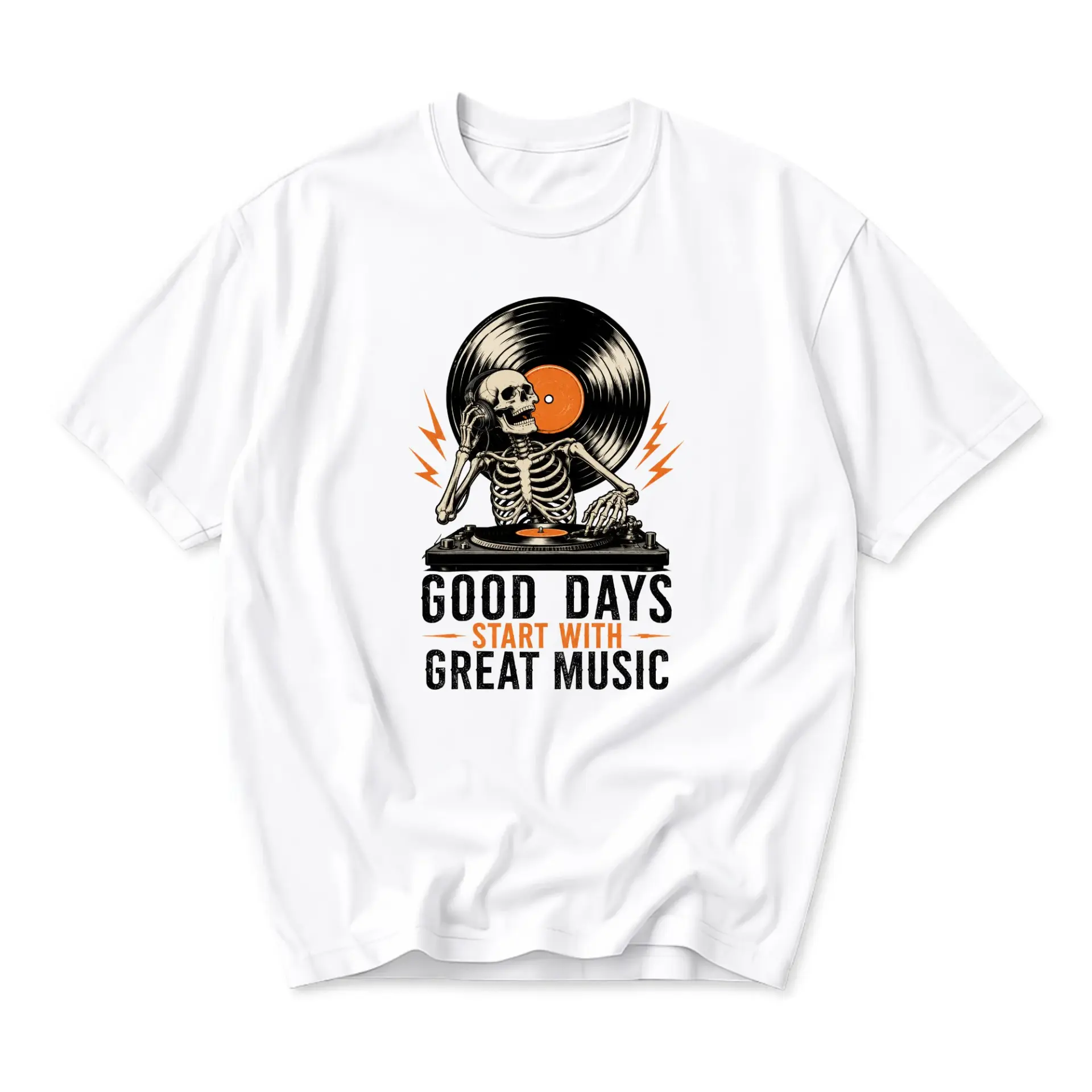 T-shirt Good Days Start with Great Music Graphic Tee Retro Skeleton Dj Turntable Aesthetic Apparel White Unisex Top