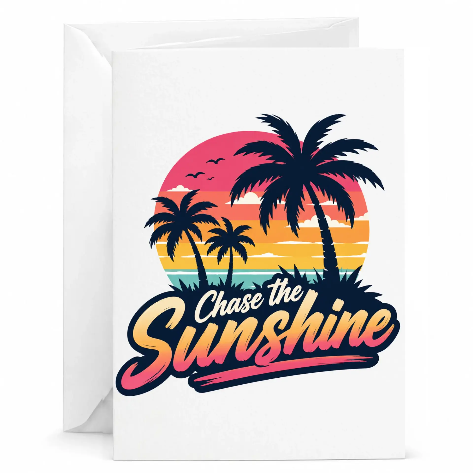 Greeting Card Chase the Sunshine Tropical Sunset Palm Trees Beach Illustration for Vacation Enthusiasts and Positivity