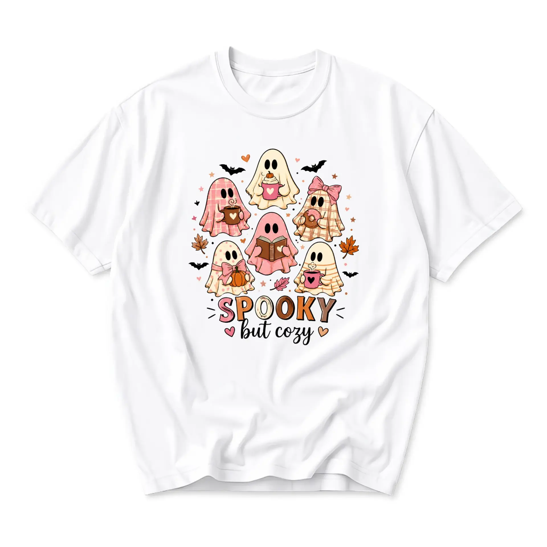 Funny Shirt Spooky but Cozy Halloween Graphic Tee Featuring Cute Ghosts Drinking Coffee and Reading Books Unisex Apparel
