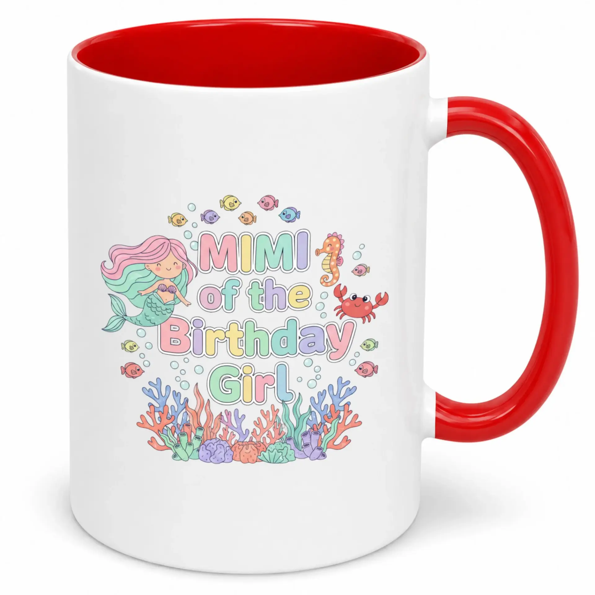 Ceramic Coffee Mug with "mimi of the Birthday Girl" under Sea Mermaid Design Vibrant Ocean Life Theme Grandparent Gift