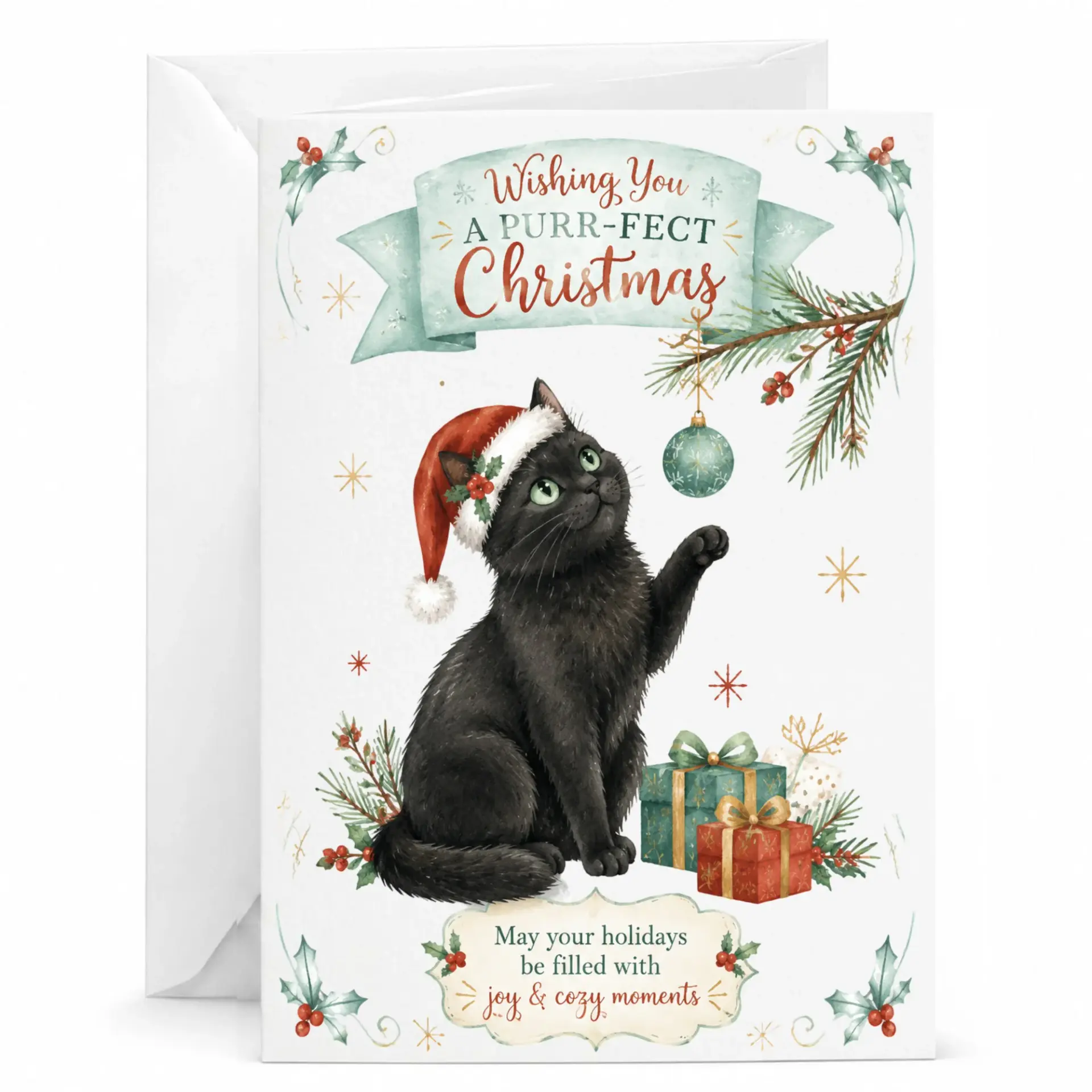 Funny Christmas Greeting Card with Cute Black Cat Illustration and Holiday Season Wishes for Friends and Family Members