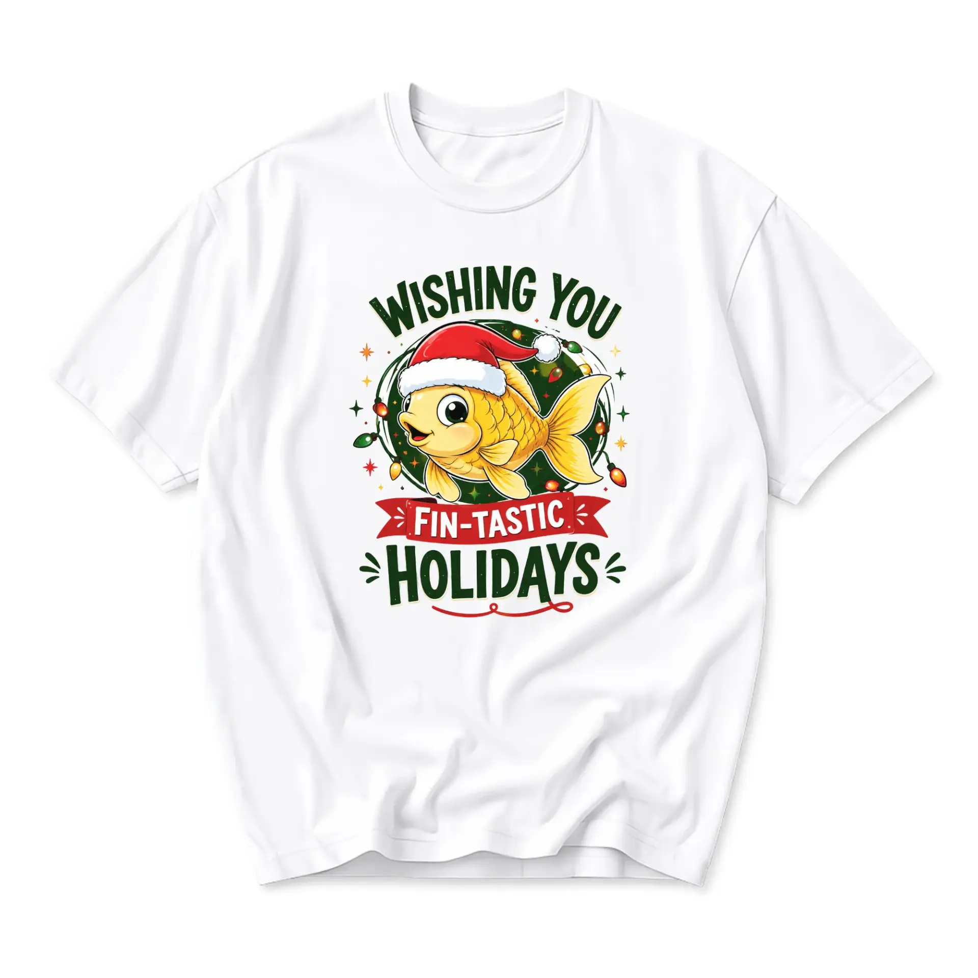 Funny Shirt Wishing You Fin-Tastic Holidays Goldfish Graphic Tee Seasonal Crew Neck Unisex Casual Cotton Print Top