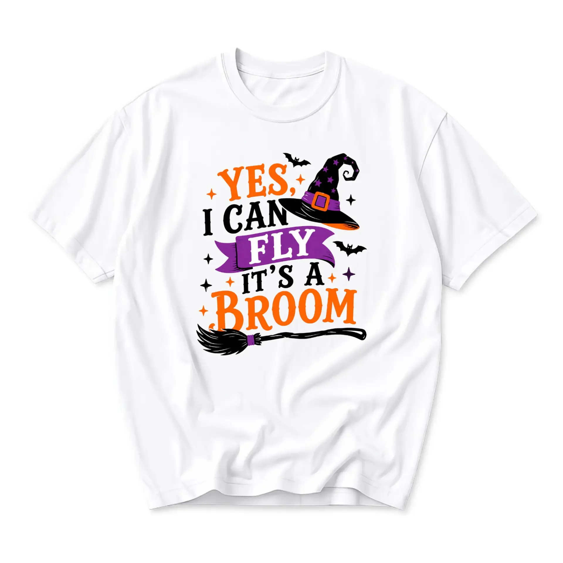 Funny Shirt Yes I Can Fly Its a Broom Halloween Graphic Printed Unisex Crew Neck Tee Seasonal Holiday Apparel