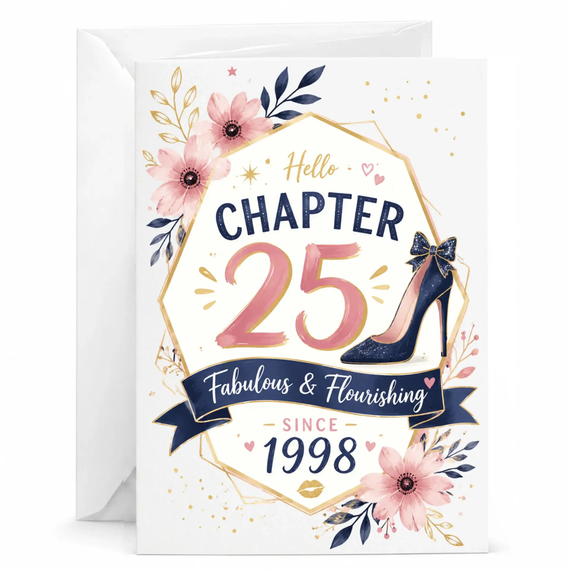 Birthday Card for 25th Birthday with Elegant Floral and High Heel Design for Her Celebration and Keepsake Gift