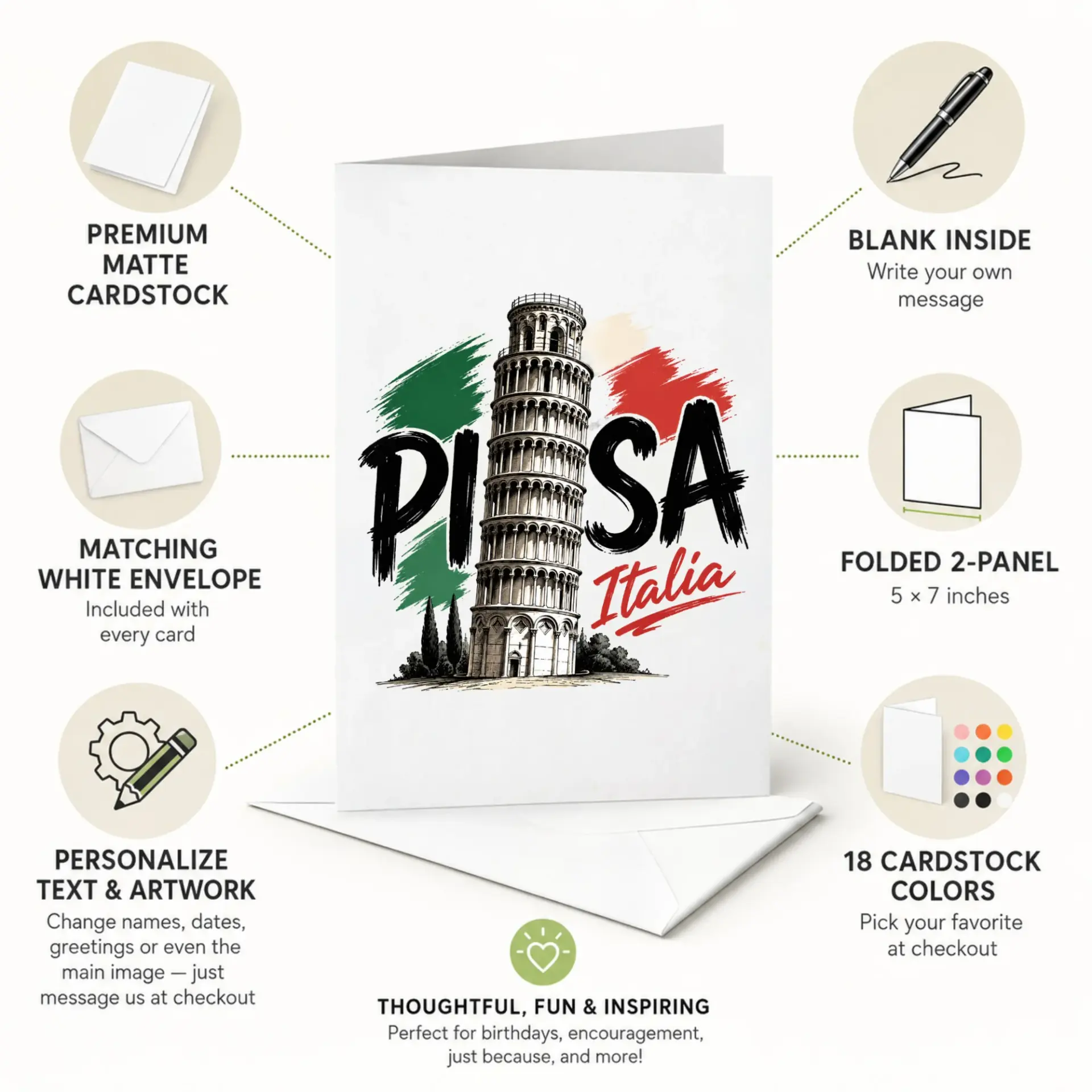 Greeting Card Leaning Tower of Pisa Italia Illustration Premium Stationery for Travel Lovers and European Landmarks