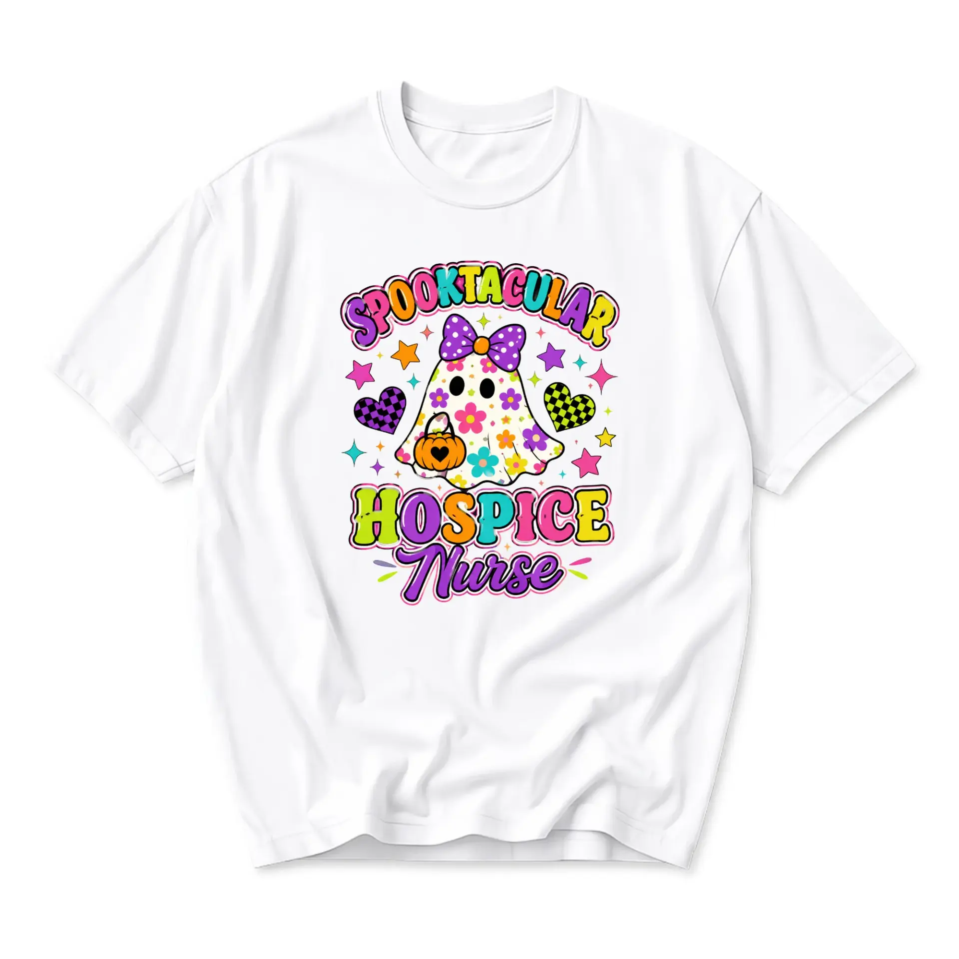 Funny Shirt Spooktacular Hospice Nurse Graphic Tee Retro Fall Halloween Ghost Design Unisex Casual Short Sleeve Top