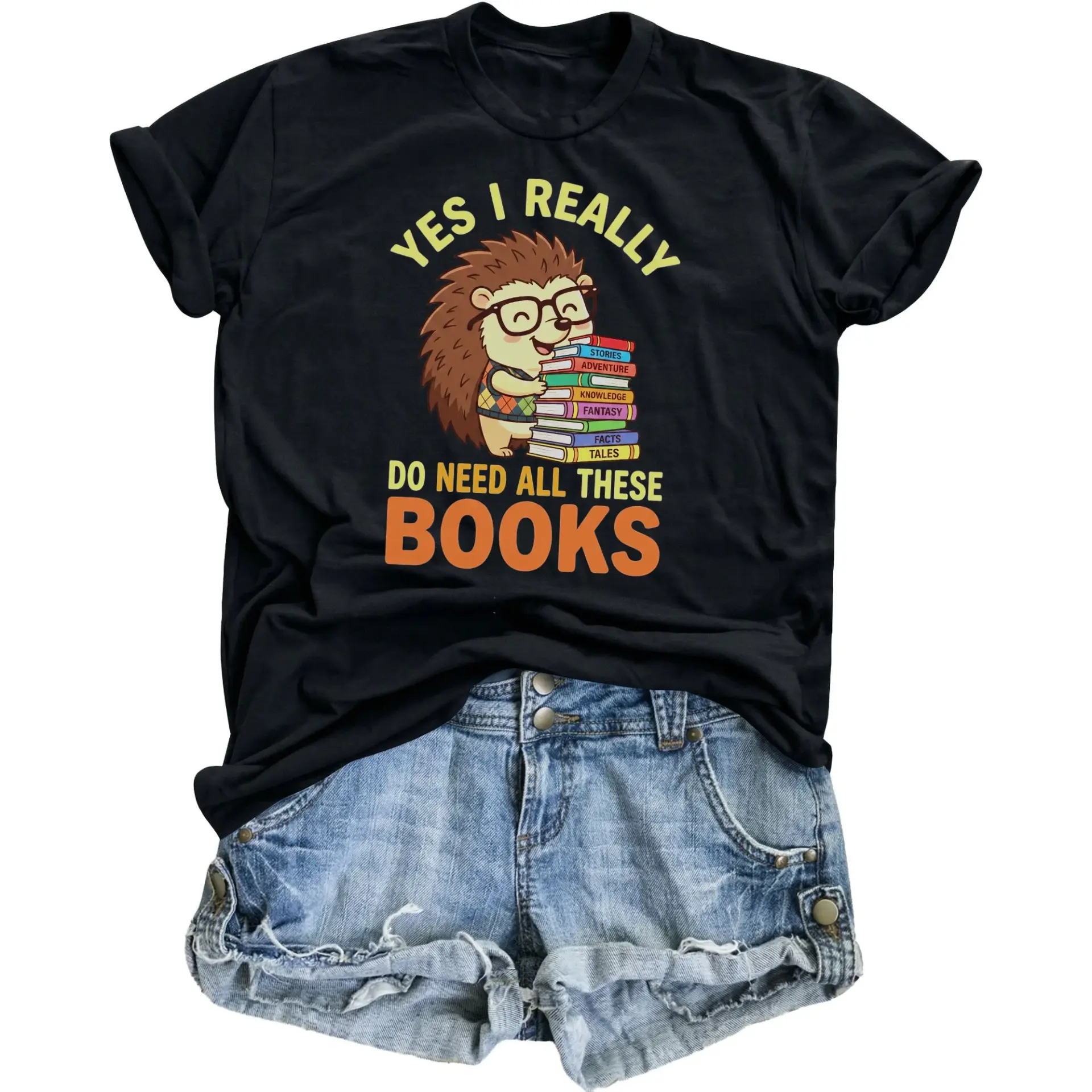 Graphic Tee Funny Hedgehog Reading Lover Shirt Unisex Casual Crew Neck Apparel for Bookworms and Readers