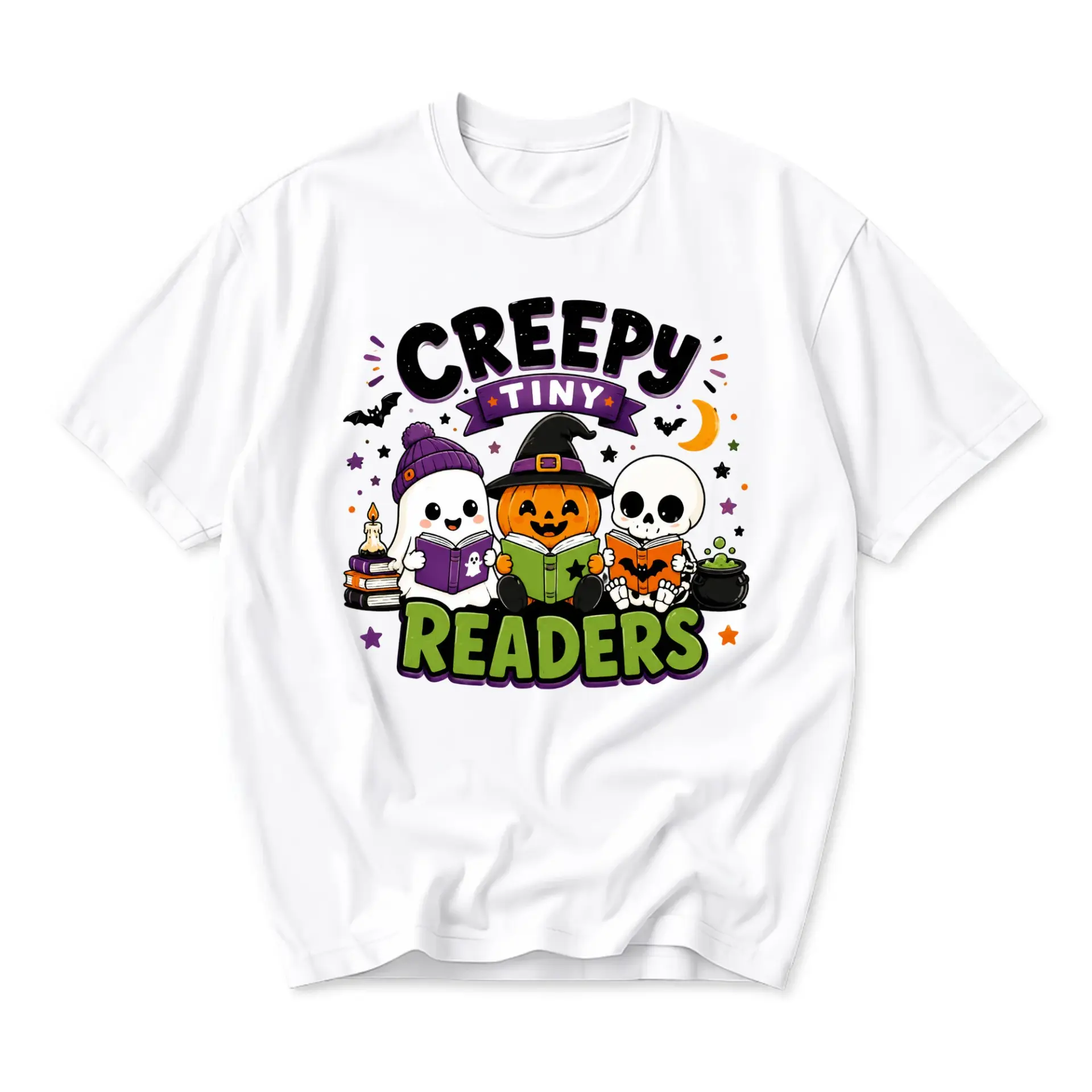 Graphic Tee Creepy Tiny Readers Spooky Book Lover Shirt Seasonal Autumn Holiday Unisex Crew Neck Short Sleeve Top