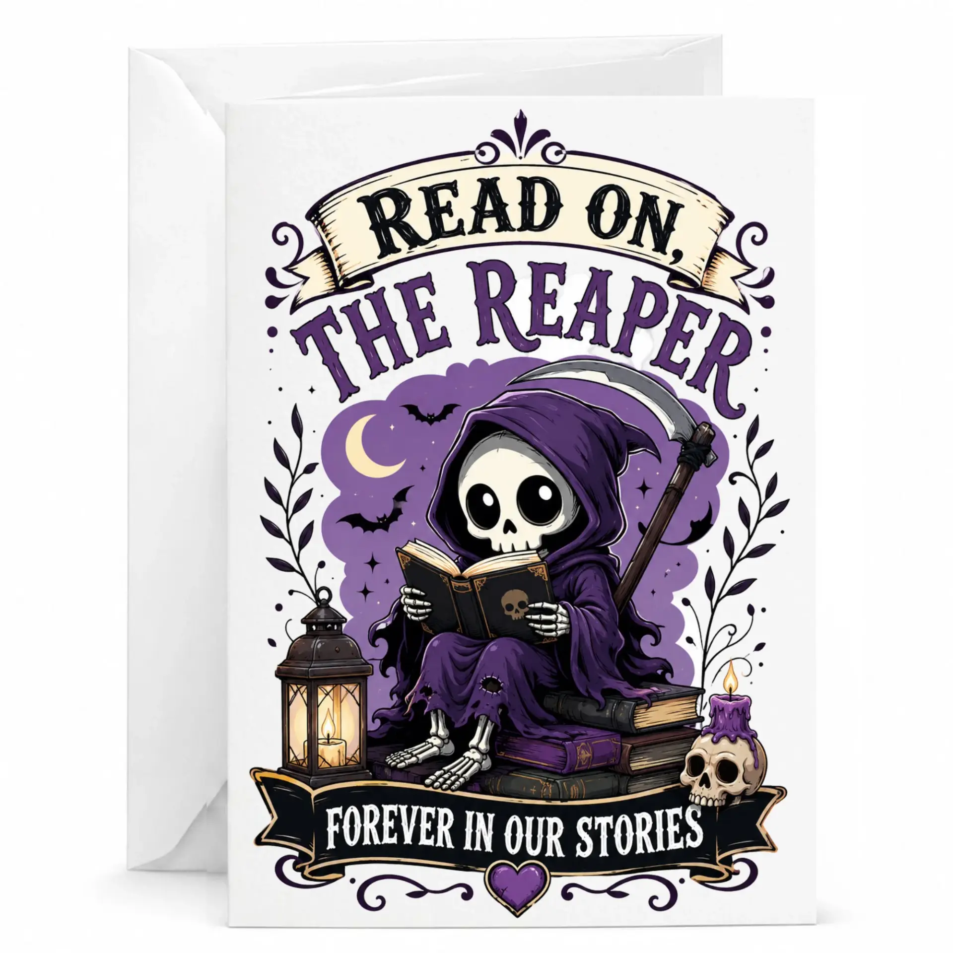 Funny Reading Card for Book Lovers Gothic Illustration Greeting Enthusiastic Readers and Authors