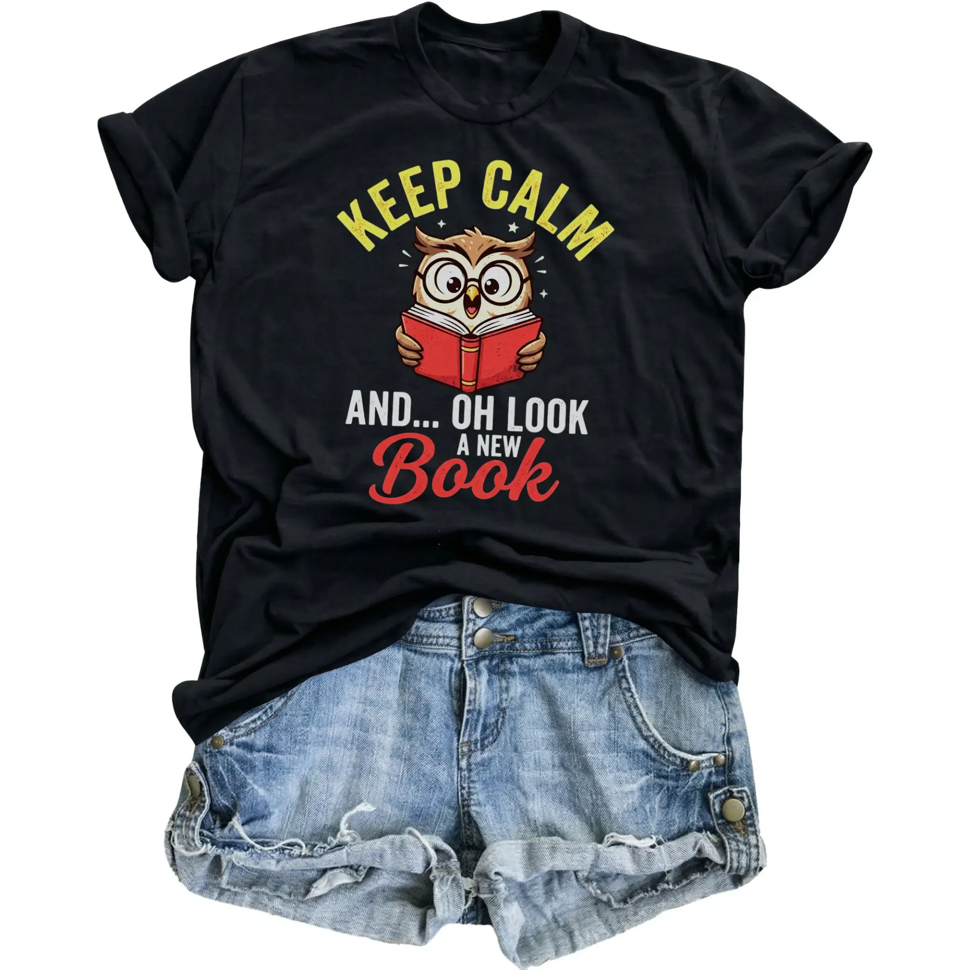 Funny Graphic Tee Book Lover Unisex Shirt Cute Reading Owl Illustration Casual Cotton Crew Neck Apparel for Readers