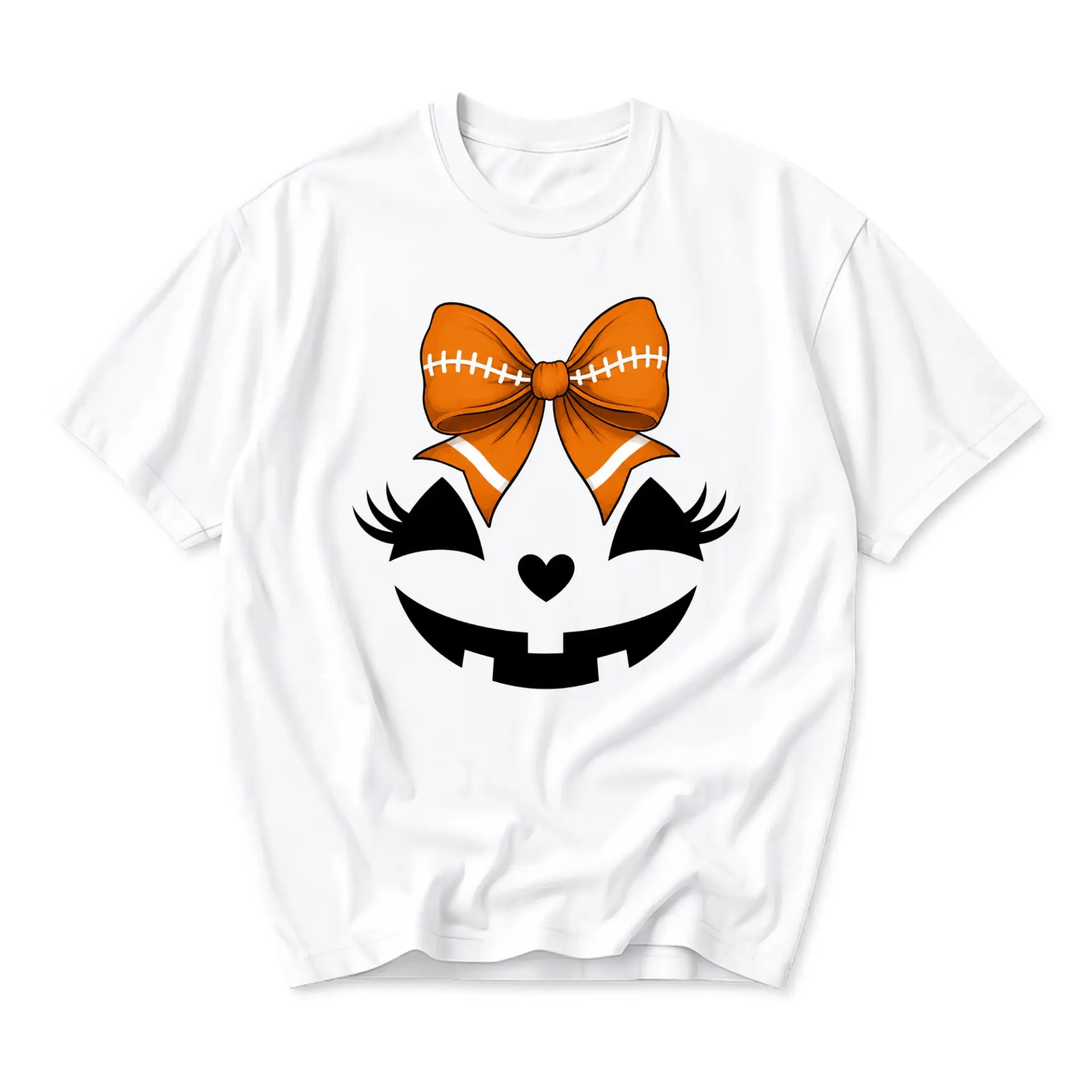 Graphic Tee Unisex Crew Neck T-Shirt Featuring Orange Football Bow Pumpkin Face Design Seasonal Apparel