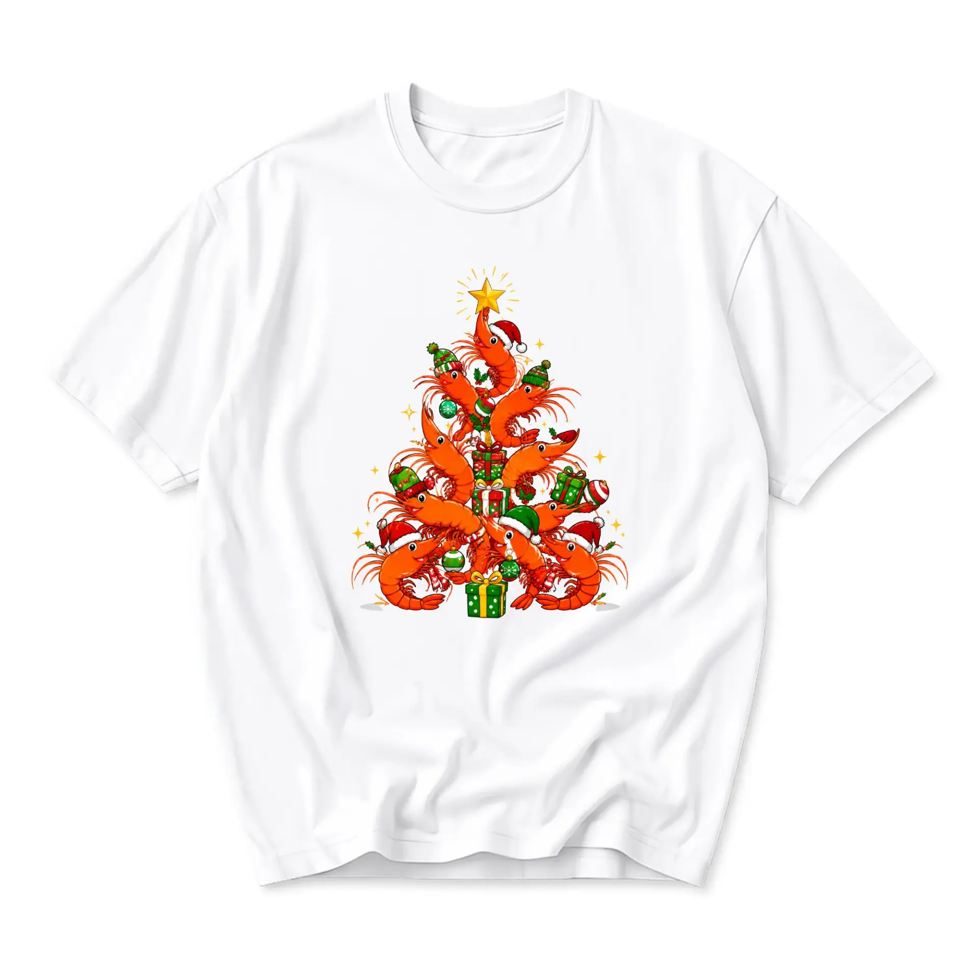 Funny Shirt Shrimp Christmas Tree Graphic Tee Seasonal Holiday Unisex Crew Neck Casual Wear Soft Cotton Blend