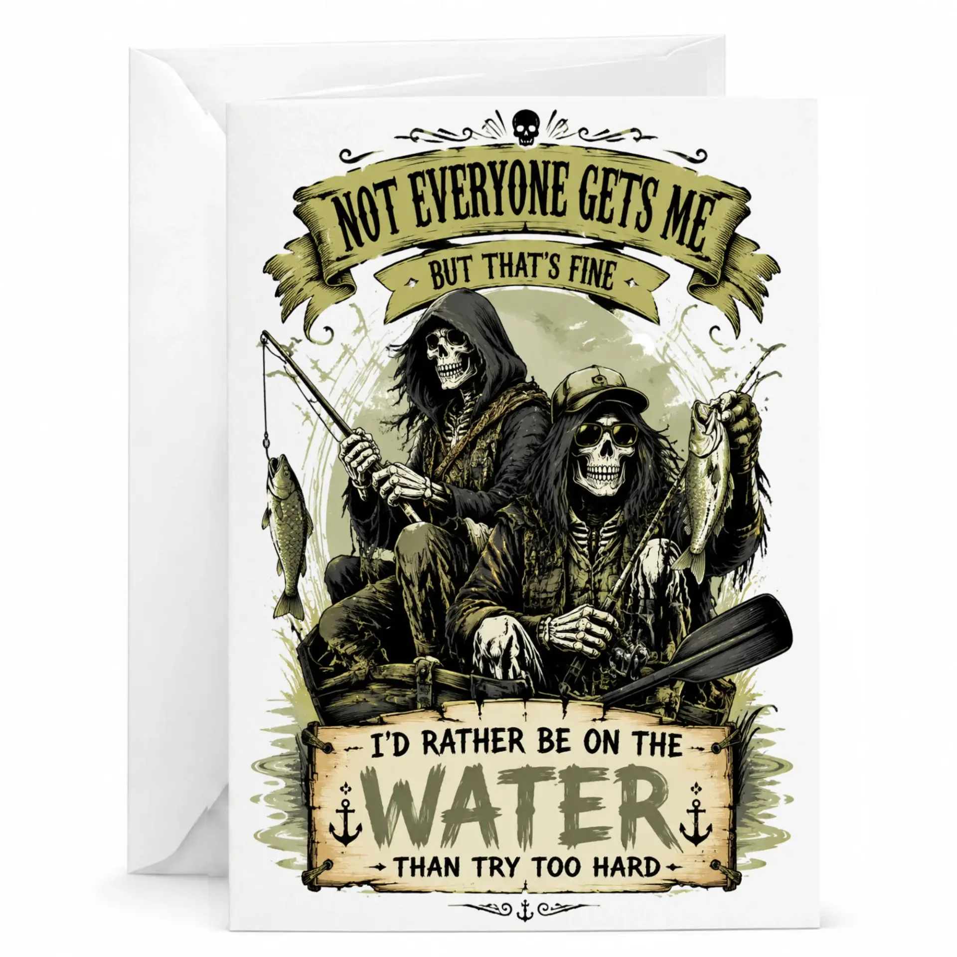 Funny Fishing Greeting Card Skeleton Fisherman Humor for Outdoor Enthusiasts Nature Themed Stationery Friends