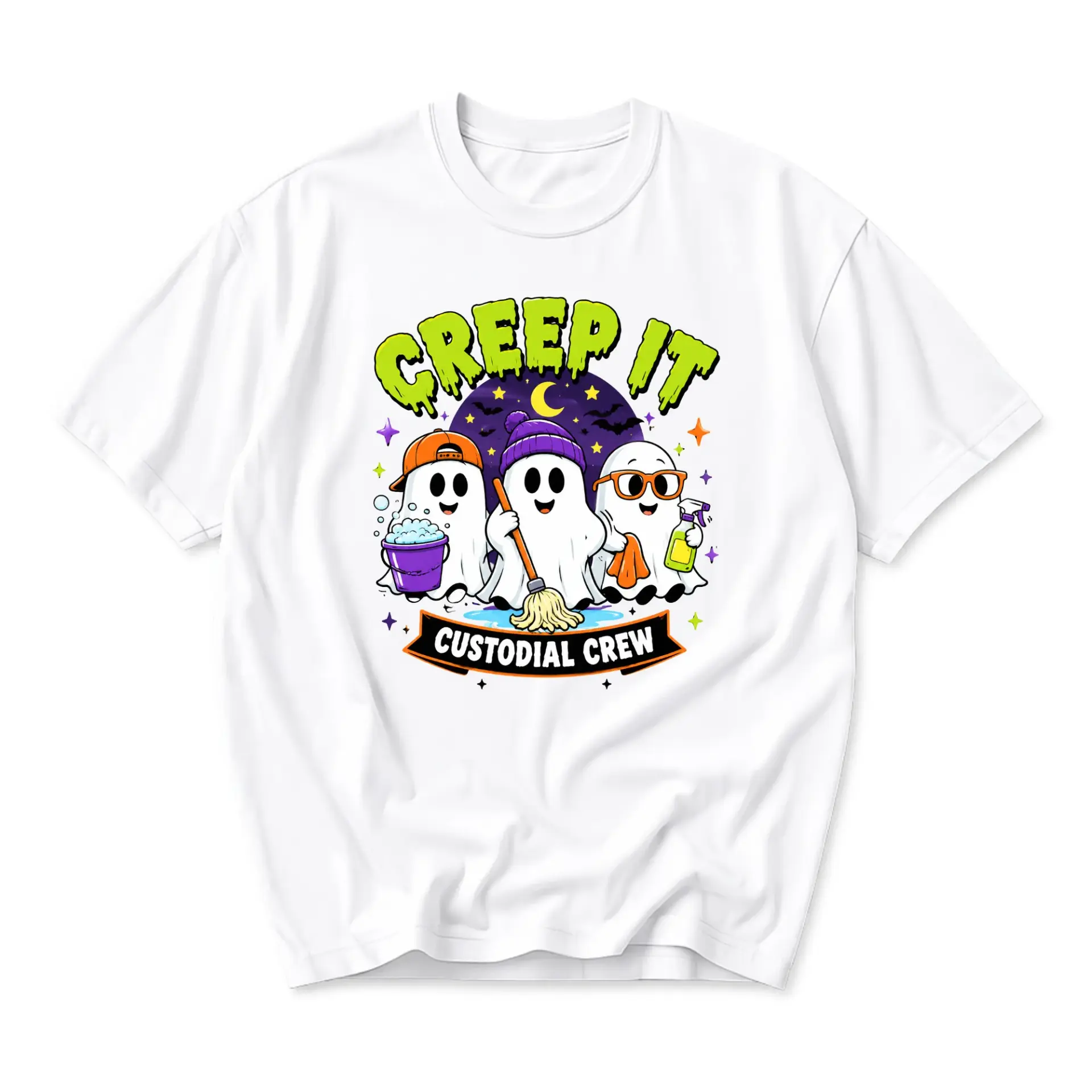 Funny Shirt Creep It Custodial Crew Ghost Graphic Tee Unisex Casual Apparel for Halloween Seasonal Holiday Wear